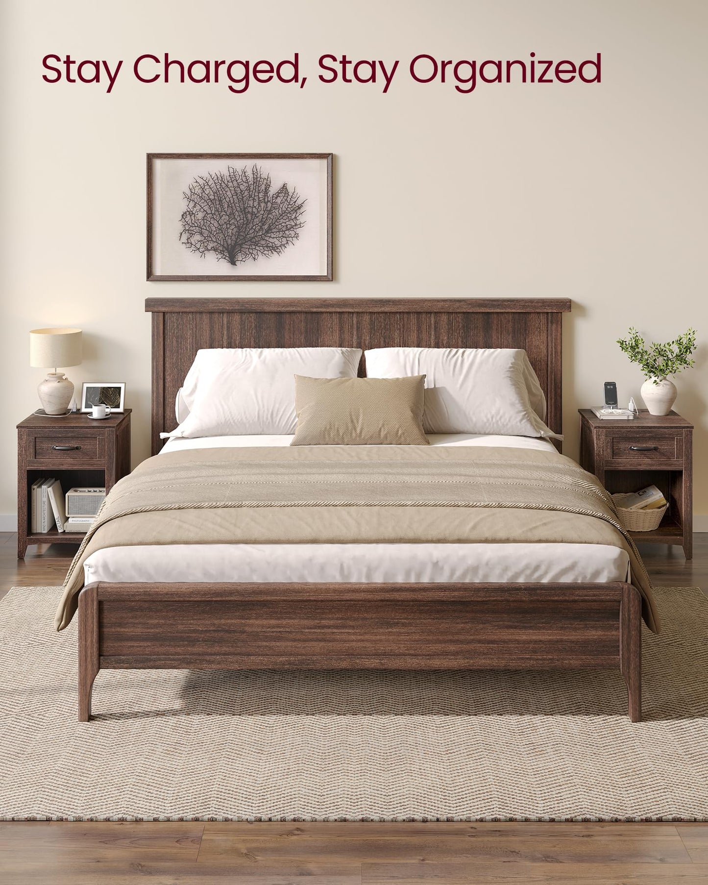 VASAGLE LIRY Collection - Farmhouse Nightstands with Charging Station, Set of 2 Bedside Tables, Side Tables with Drawer, Open Compartment, for Bedroom, Maroon Brown ULET959K51