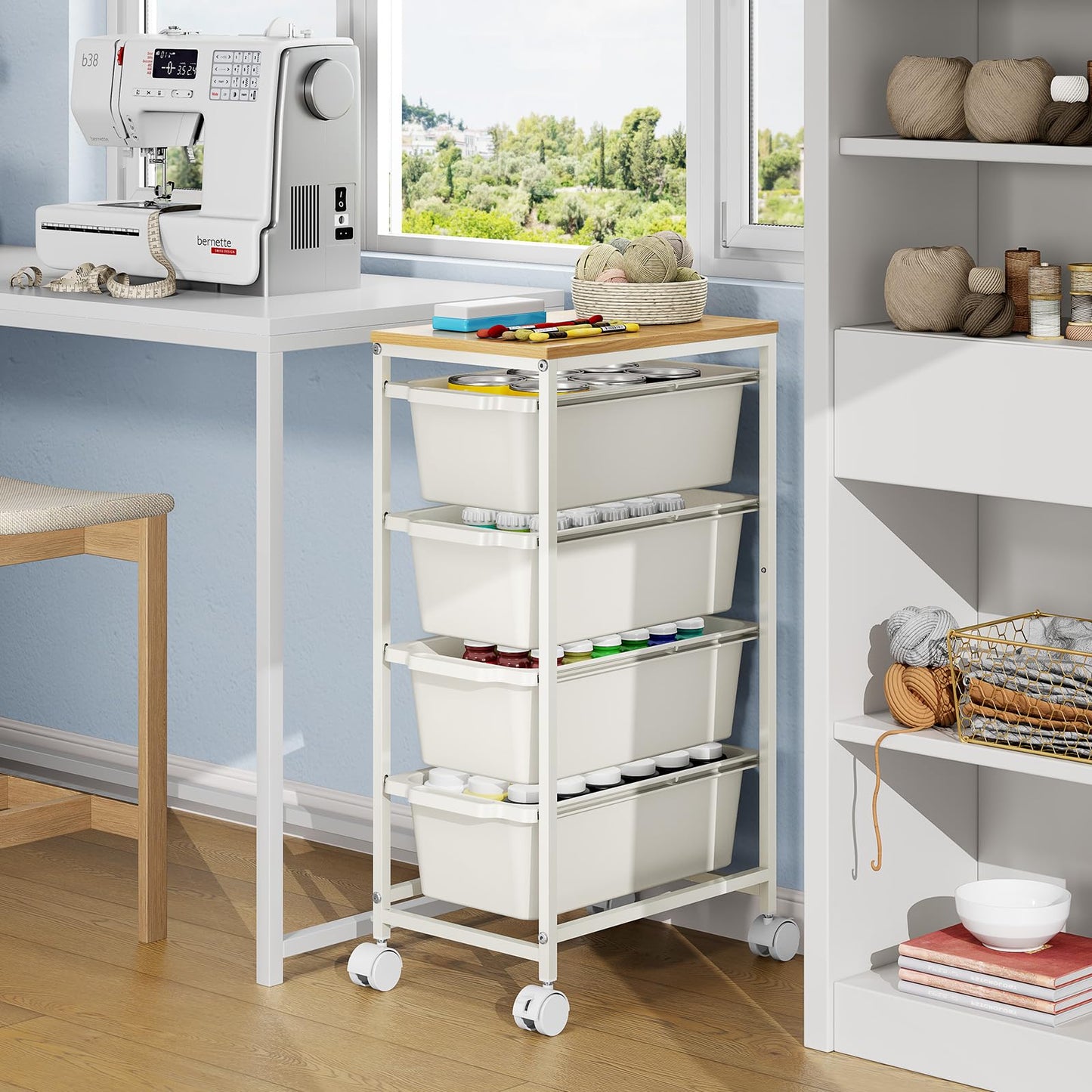 Rolling Storage Cart with 4 Drawers, Craft Organizer, Wooden Tabletop Utility Cart for Bedroom, Children's Room and Office Organization, Table Side Trolley with Lockable Wheels, White
