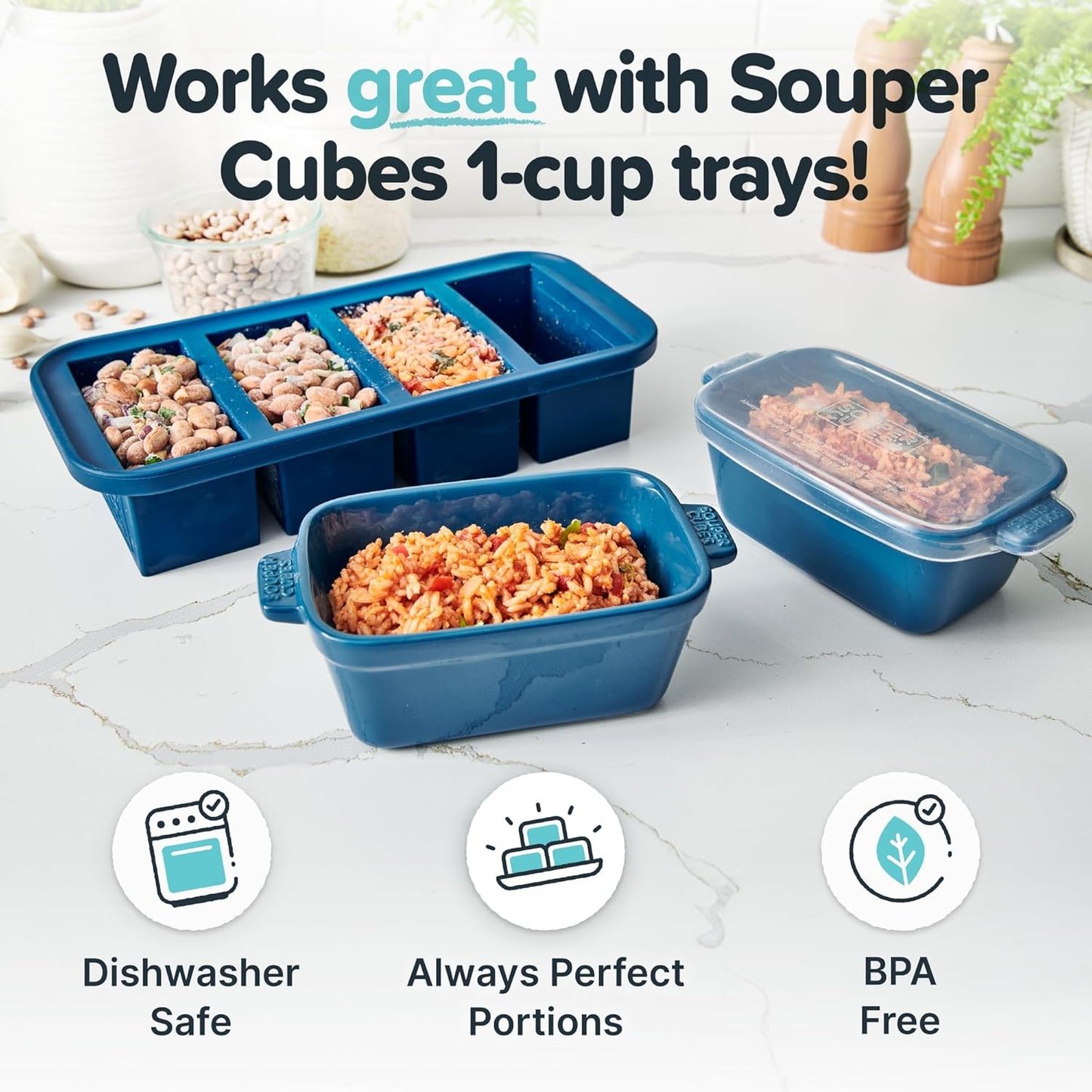 Souper Cubes Stoneware Baking Dish - Small 5" x 3" Ceramic Set of 4 with Silicone Covers | Blueberry Color