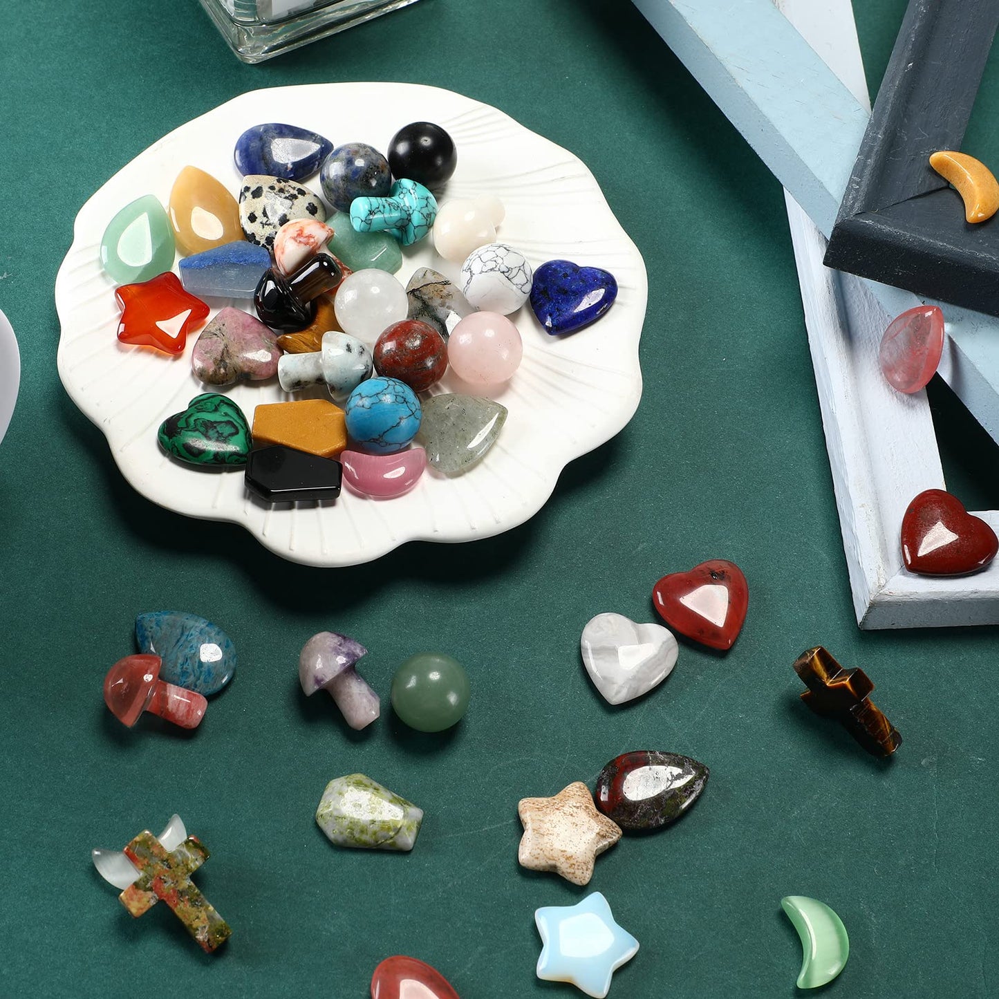 Nuenen 64 Pcs 0.8 Inch Mixed Hearted Crystals Worry Stones Gift Heart Shaped Healing Star Shape Moon Cross Coffin Gemstone Teardrop Palm Pocket Ball for Valentines Witchcraft Supplies