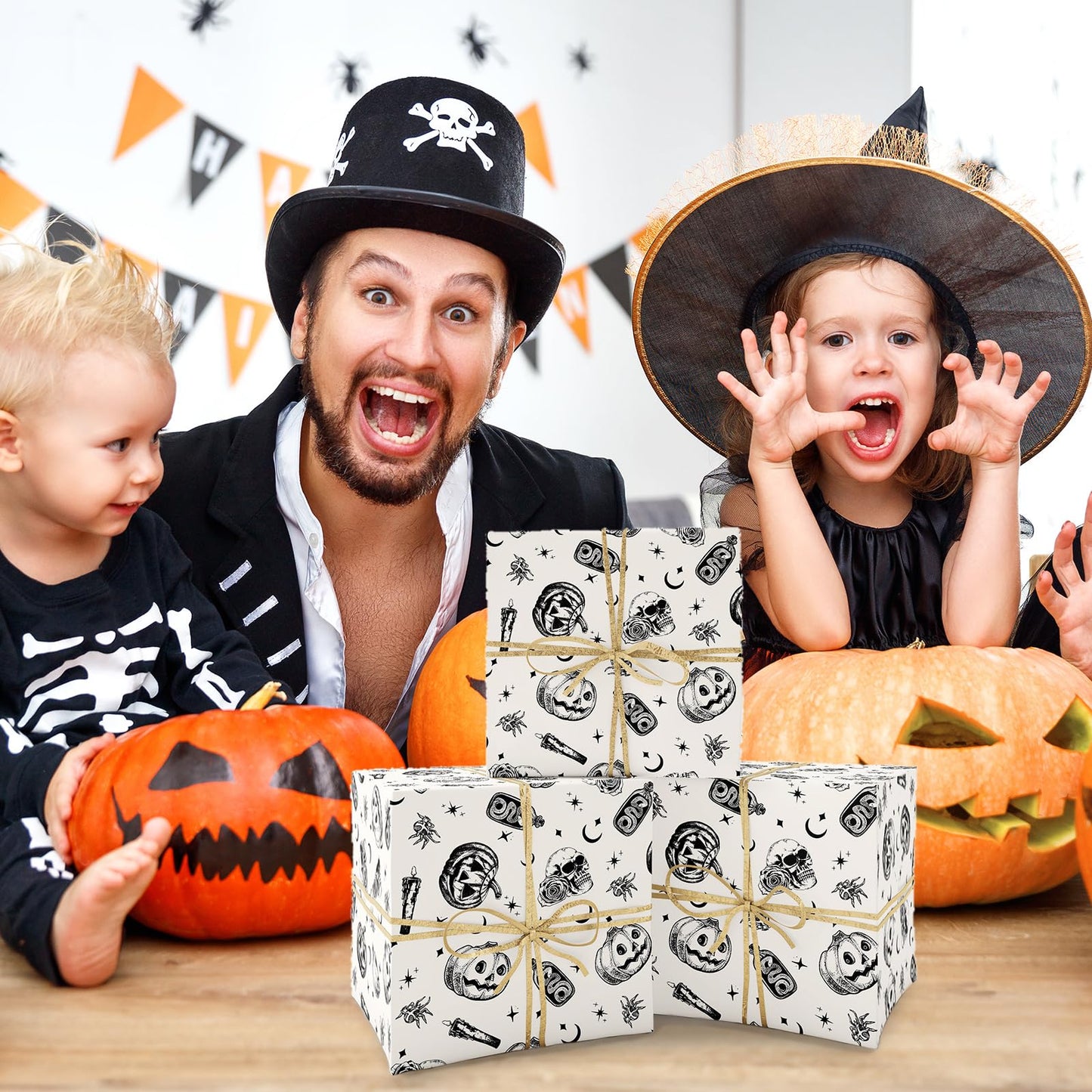 Whaline Halloween Wrapping Paper -Mini Roll- 17 In x 32.8 Ft Beige Black Skull Pumpkin Viper Gift Wrap Paper for Halloween Wrapping Supplies