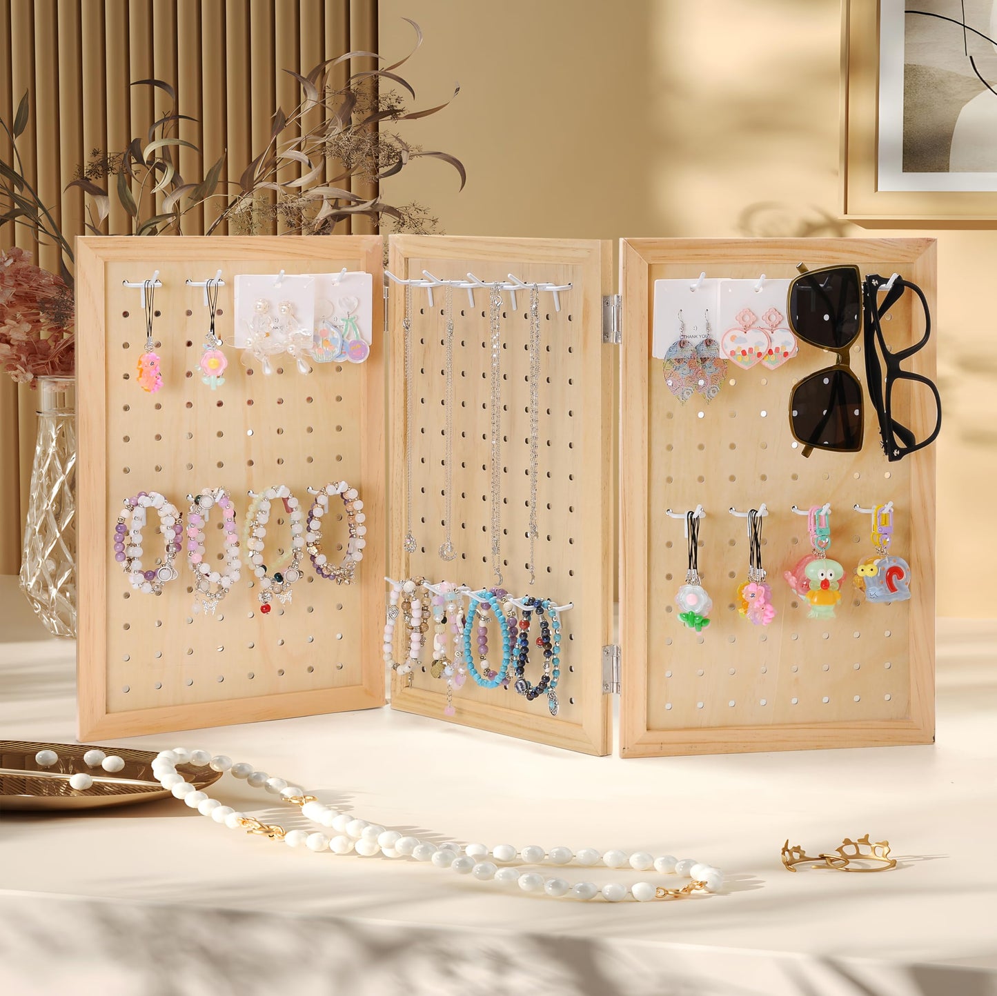 humberboat Wooden Foldable and Portable 3-Panel Pegboard Jewelry Display Organizer with 24 Removable White Metal Hooks for Bracelets, Earrings and Keychains, Versatile Countertop Rack for Store