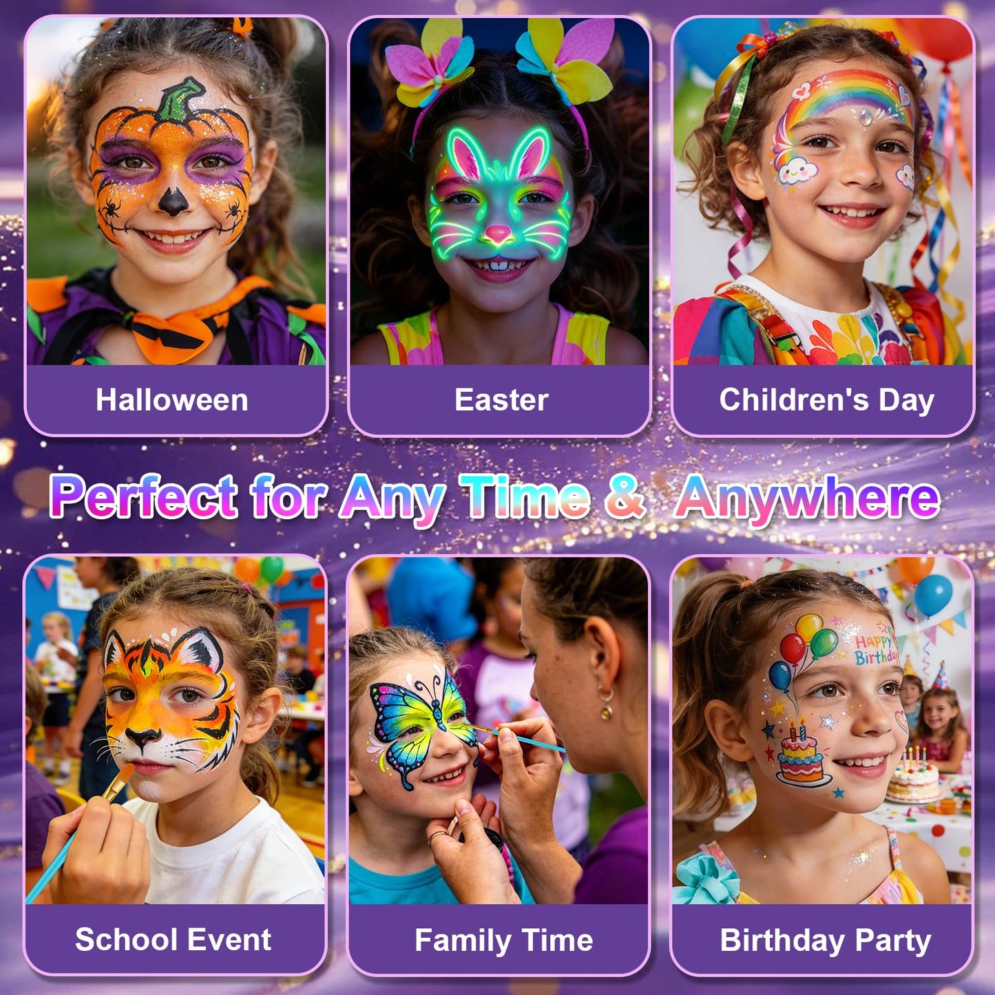 Fenmay Face Painting Kit for Kids - 42 Colors, Non-Toxic and Hypoallergenic, Stencils, Book, Brush, Sponge, and Professional Face Paint Makeup Palette- Safe and Easy to Use