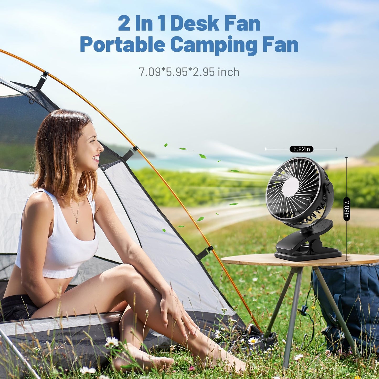 Portable Clip on Fan, 360° Rotate Battery Operated Stroller Fan, 3 Speed Quiet Mini Personal Desk Fan, USB Rechargeable Clooing Fan for Outdoor Camping Golf Cart Stroller Home Office Black