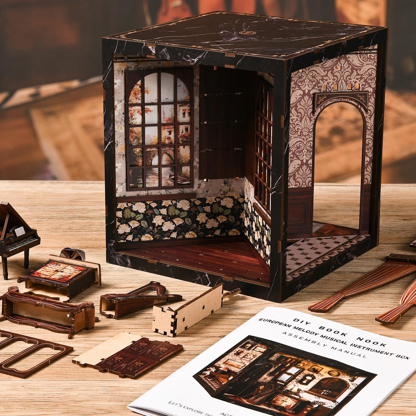 Book Nook Kit for Adults,360ยฐ View DIY Miniature Dollhouse Kit with LED, Classical Music Room 3D Wooden Puzzle Bookshelf Insert Decor, Creative Hobby Gift for Teens and Men