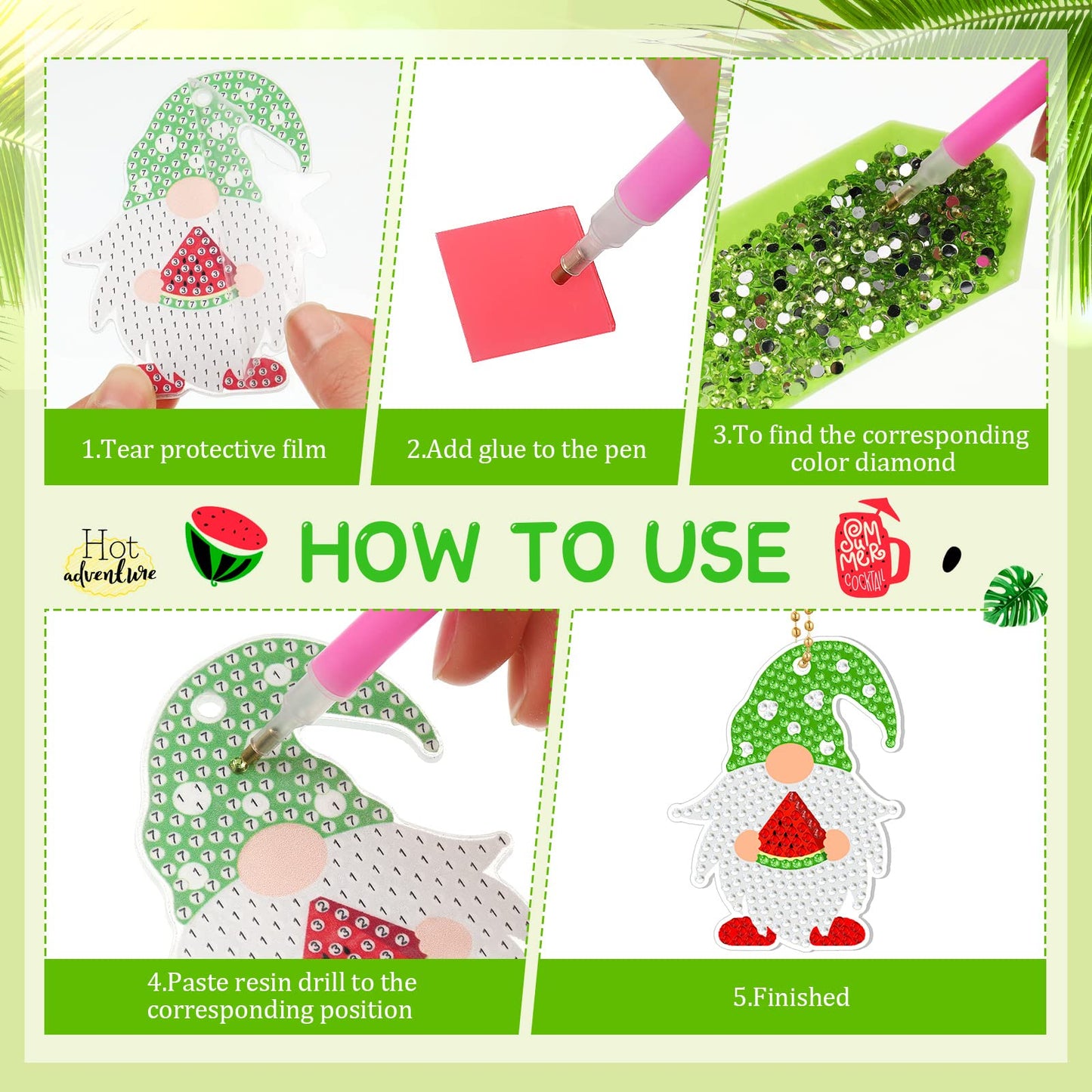 Karenhi 15 Pcs Diamond Art Keychains Summer Watermelon Painting Keychain Kit DIY Single Sided Fruit Gnome Key Ring Spring Diamond Hanging Ornament Gift Accessories for Adult Craft Bag Party Decoration