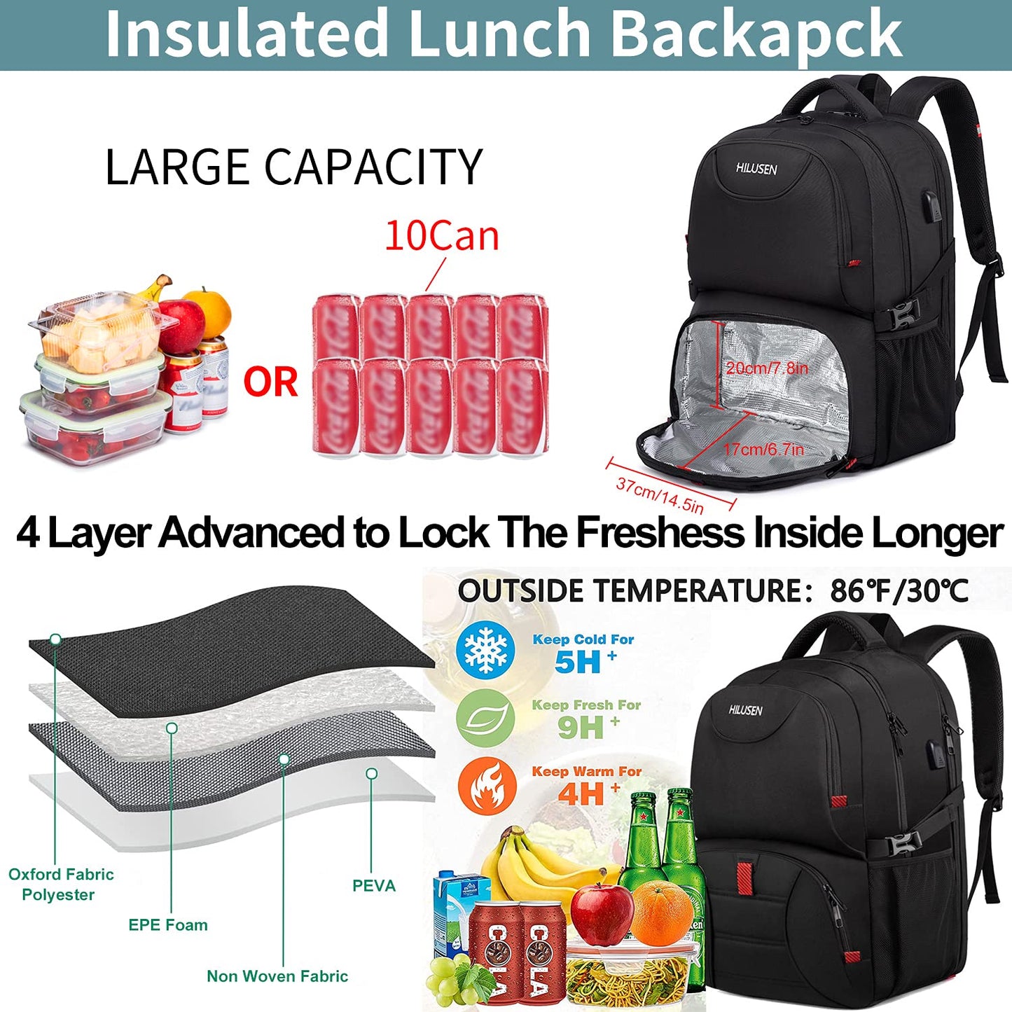 HILUSEN Extra Large Backpack for Men 50L, Insulated Cooler Lunch Box Backpack, Water Resistant 17inch Travel Laptop Work Bookbag with USB Charging Port,Black
