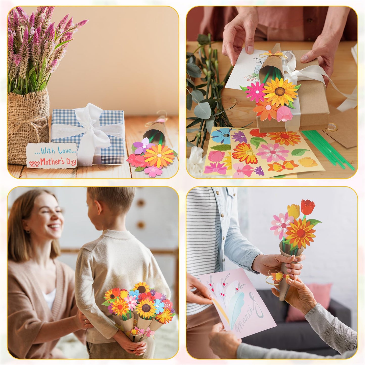 Motipuns 48 Set Flower Bouquet Craft Kit DIY Flower Mother's Day Paper Crafts Floral Bouquet Gifts Teacher Thankful Making Kit for Mothers Day Graduation Classroom Decoration Home School Activity