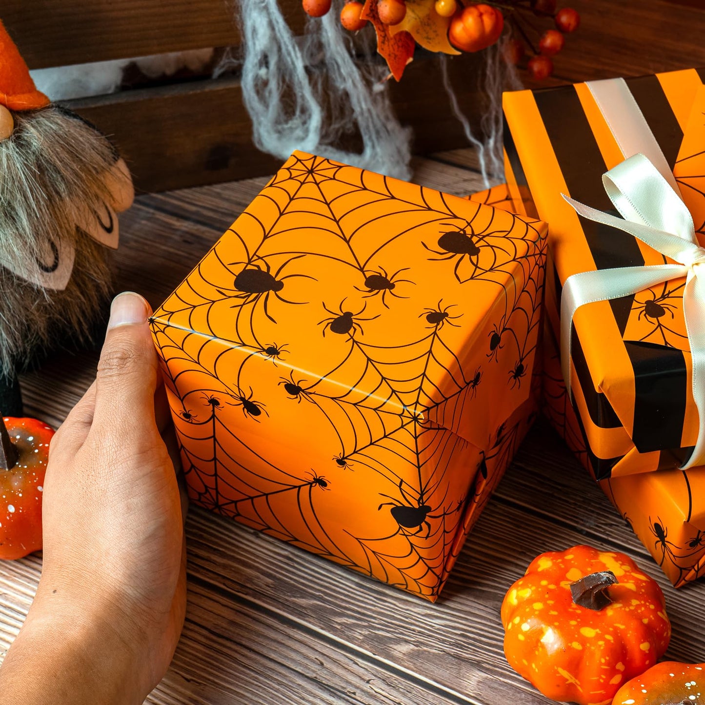 WRAPAHOLIC Halloween Reversible Wrapping Paper Roll - Mini Roll - 17 Inch X 33 Feet - Spider Design, Perfect for Halloween Decorations, Holiday, Party (Pack of 2)
