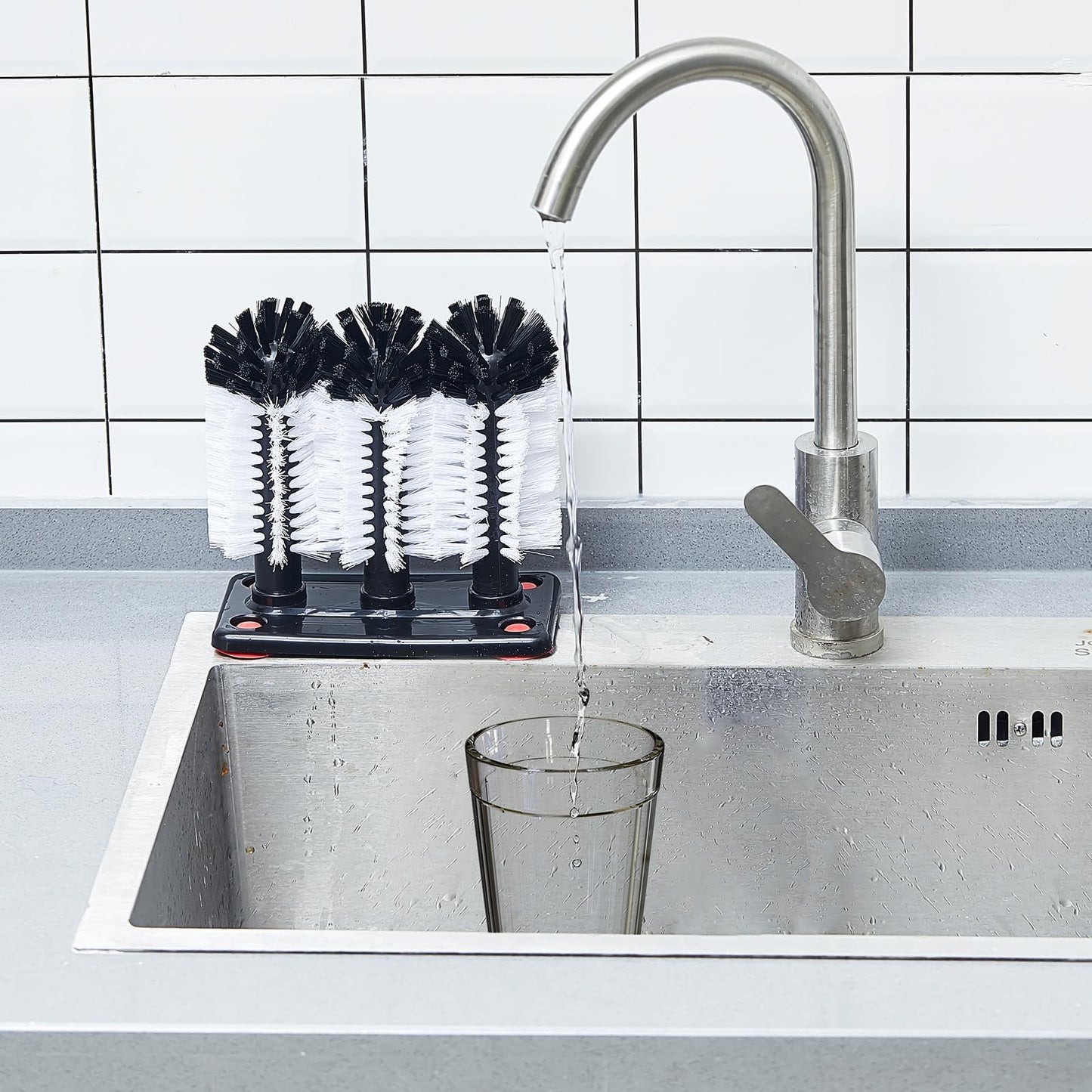 Havawish 1 Pack Water Bottle Cleaning Brush with Suction Base, 3 Head Bristle Bar Glass Washer for Sink, Cup Washer Brush Cleaner for Bar Beer Cup, Wine Glass(7.3 x 3.7 x 7.5)