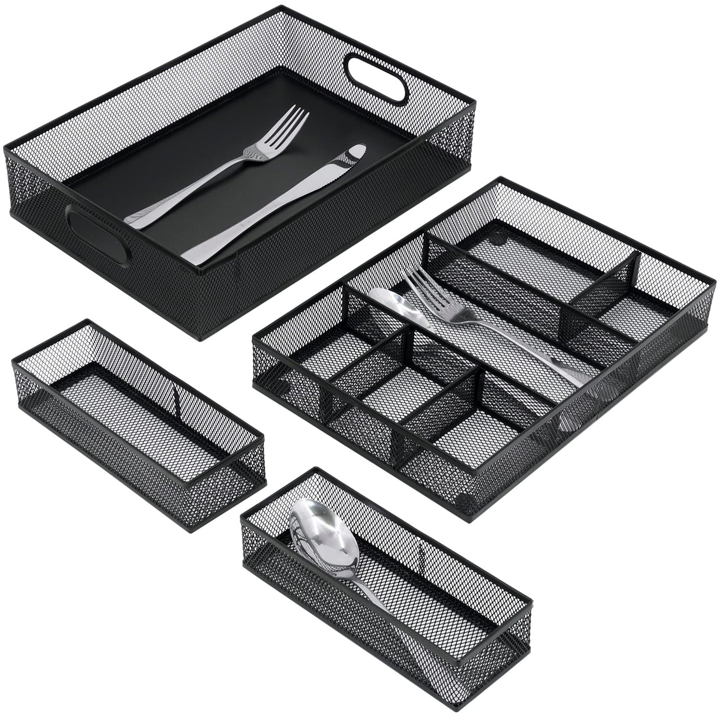 Neudeco Desk Drawer Organizer, 4 Pack Metal Mesh Drawer Organizer Set with Adjustable Dividers, Stackable Pen Organizer for Desk Drawer, Office Supplies Organizer, Black