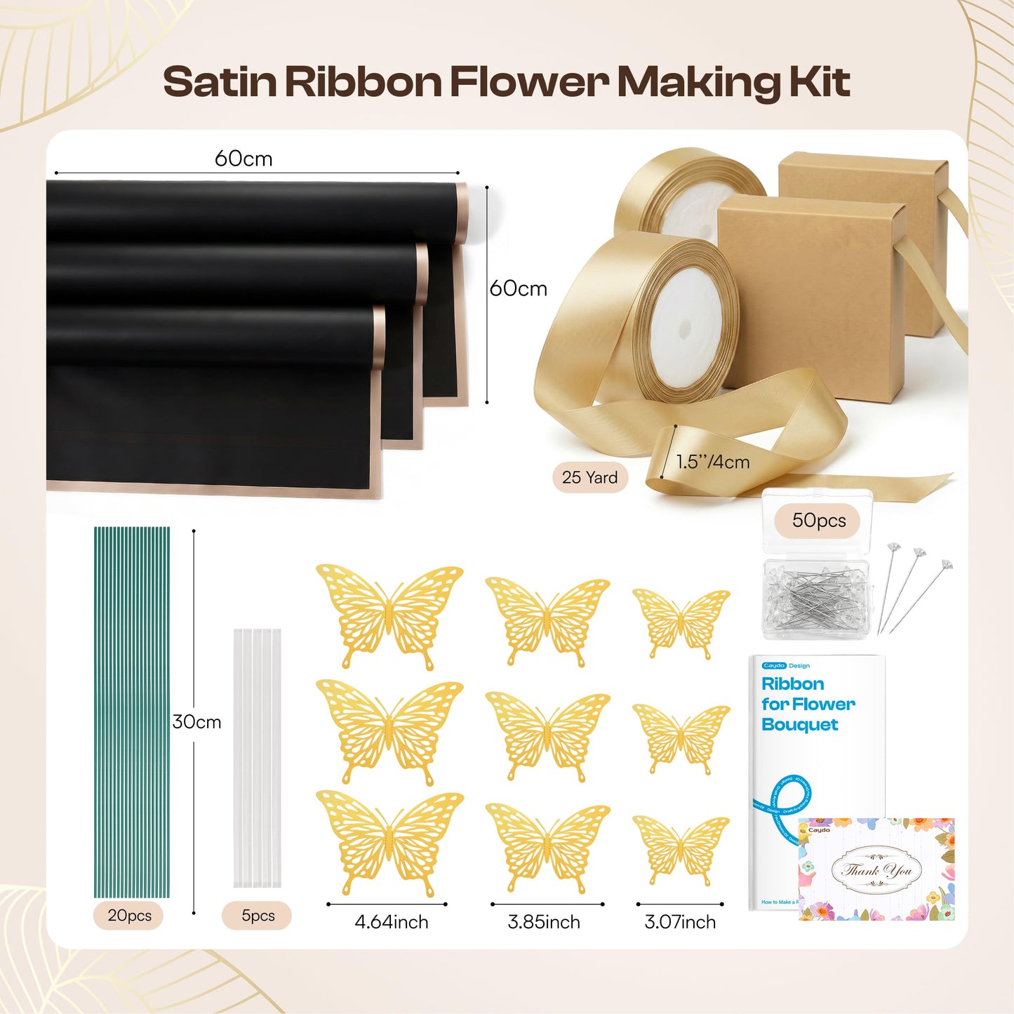 Caydo 1-1/2 Inch Satin Ribbon Flower Making Kit for Birthday Gifts, 50 Yards Champagne Gold Ribbon with Floral Stem Wire, Wrapping Paper, Glue Stick, 3D Butterfly and Diamond Pins