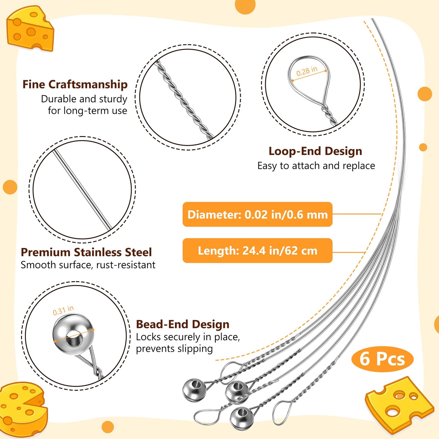 Replacement Cheese Cutting Wires Compatible with Boska Cheese Commander Pro/Pro+, Stainless Steel Cutter Wire Replacement, Fit & Easy to Install for Hard or Semi Hard Block Cheddar & Gouda(6 Pack)