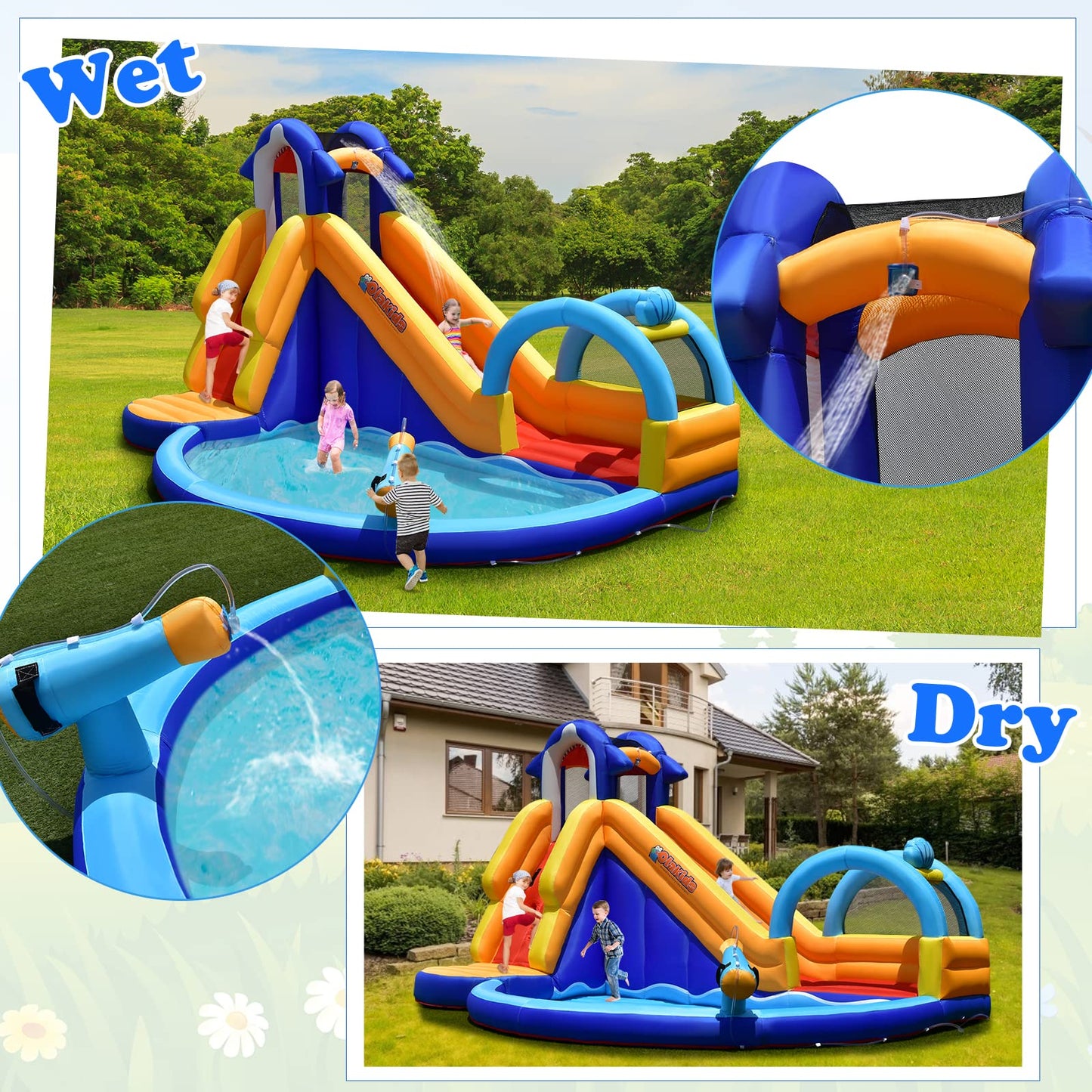 OLAKIDS Inflatable Water Slides, Shark Theme 14FT x 10FT x 8.5FT Bouncy House with Slide, Splash Pool, Climbing Wall, Water Gun, Outdoor Jumping Castle with Hose, Carry Bag, Stakes