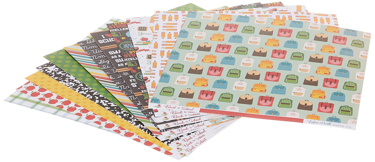 Echo Park Paper Company Back to School Collection Kit paper, 2-x-2, Blue/Black/Red/Green/Yellow, 12-x-12"