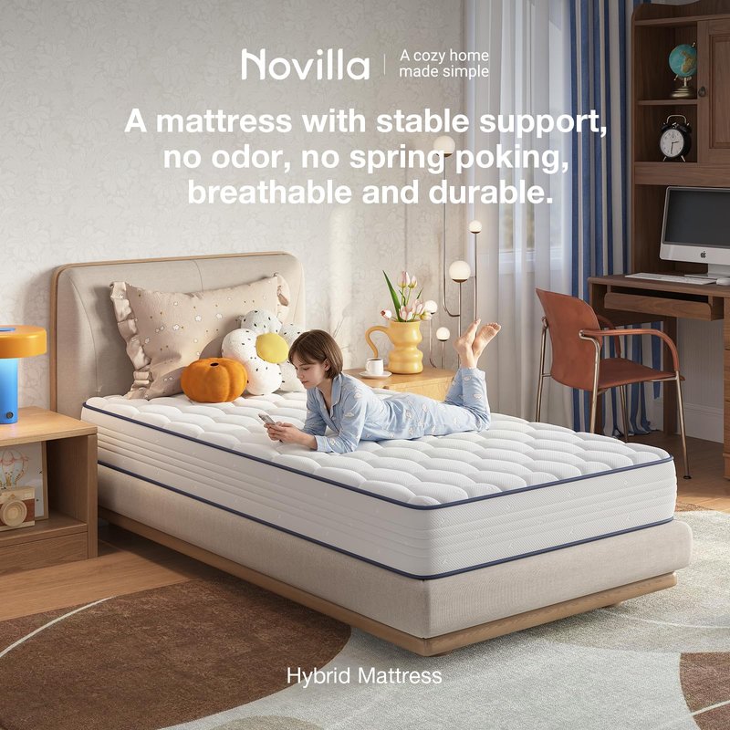 Novilla 6 Inch Twin Mattress,Bonnell Spring Hybrid Mattresses for Spine Support & Cooling Comfort - Twin Bed Mattress,Adaptive Foam Layer with Medium Firm- CertiPUR-US Certified for Youth/Guest Rooms