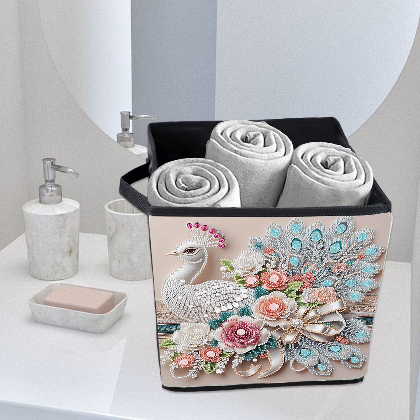 Diamond Painting Storage basket Kits for Adults,White Peacock Pattern of Special Shape Diamond Art Storage Basket,Book Clothing storage bag for Home Creative Decorate Gifts