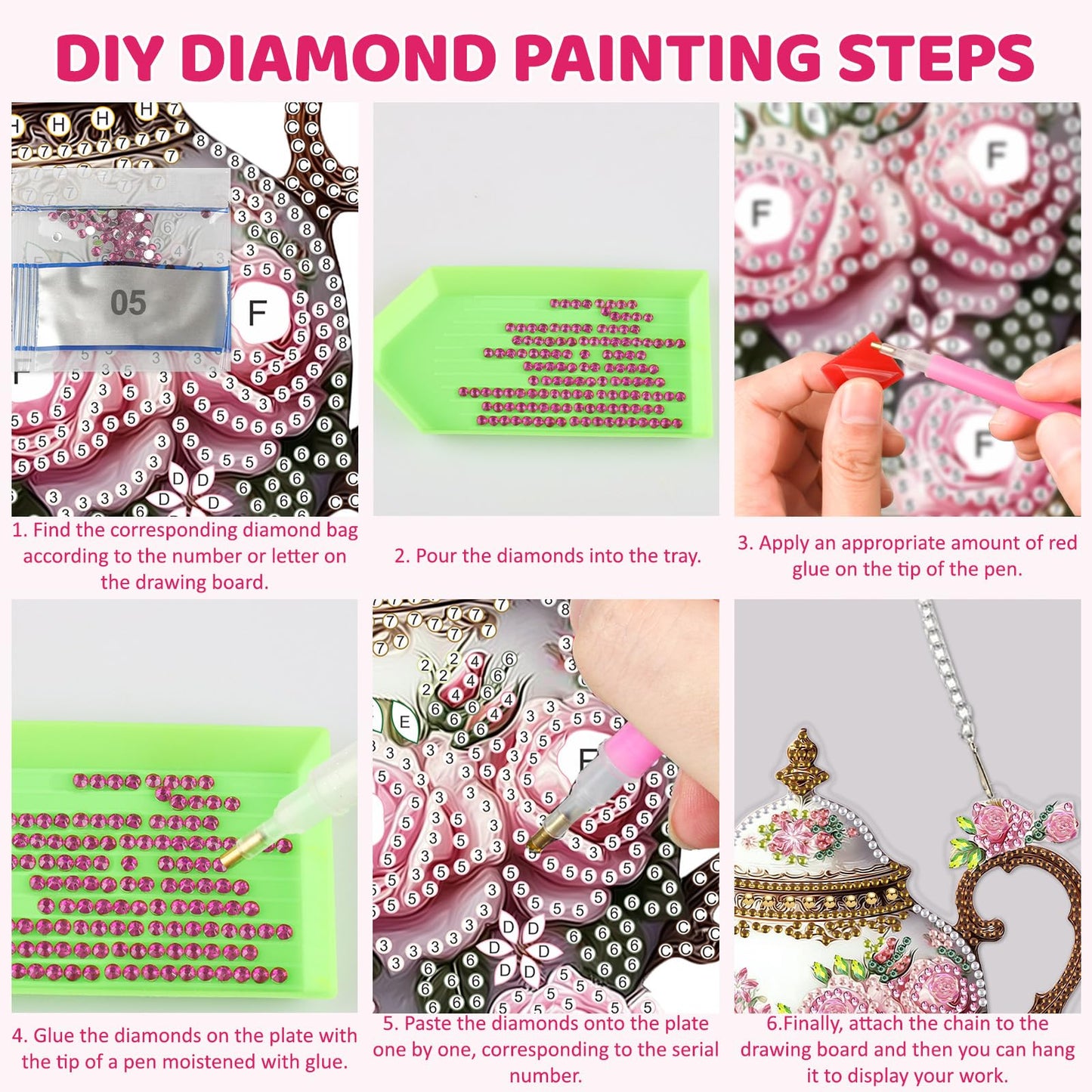 MEIYUDA Teapot Diamond Art Hanging Kits for Adult, Flowers Teapot Diamond Painting Hanging Kits Ornaments, DIY Special Shaped Rhinestone Window Pendants Kit for Home Garden Wall Decor Gift