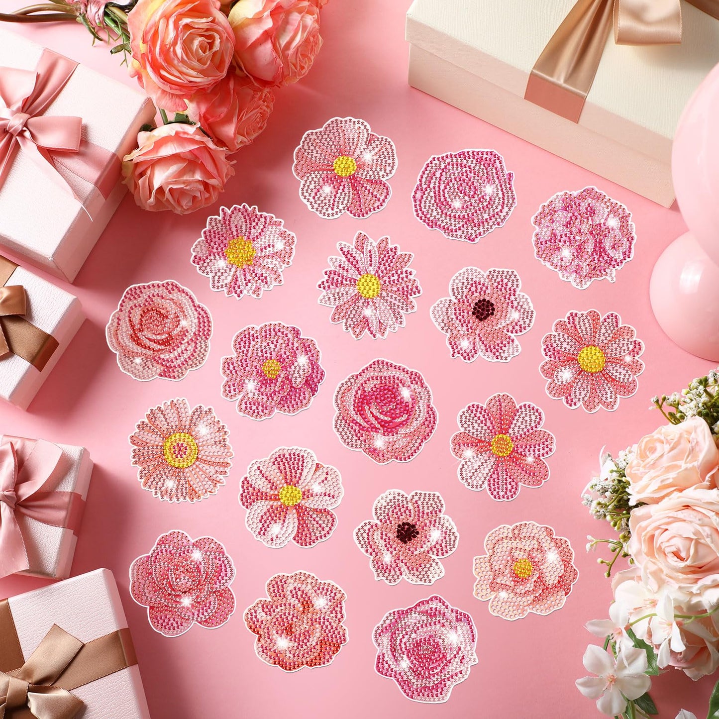 Copkim 30 Pcs Diamond Art Magnets Refrigerator Easy Art Kits Fridge Diamond Painting Magnets Stickers for Adults DIY Home Decors Flower Butterfly(Pink Flower)