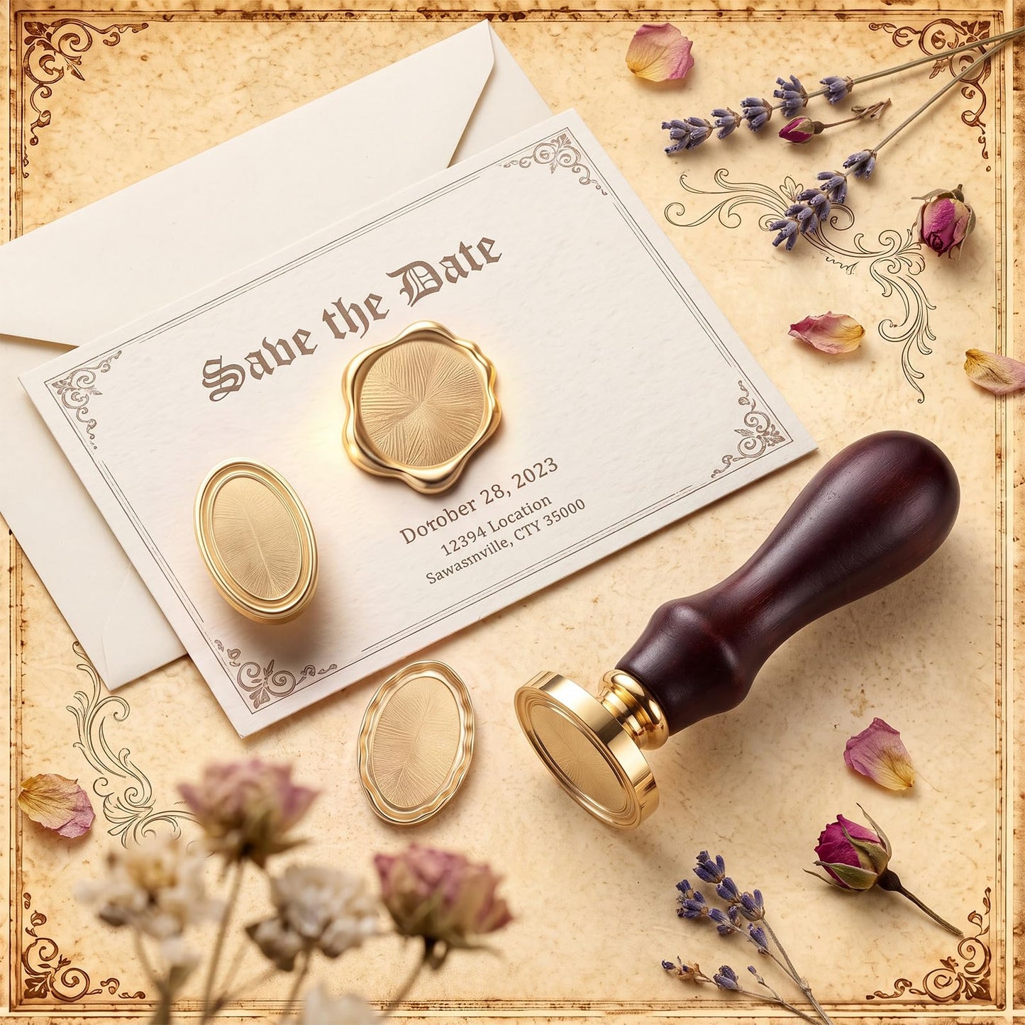 Jetec 4 Pcs Minimal Frame Wax Seal Stamp Kit, Brass Heads Beechwood Handle with Brass Round and Oval Design for Wedding Invitations Envelope Sealing Gift Wrapping DIY Crafts