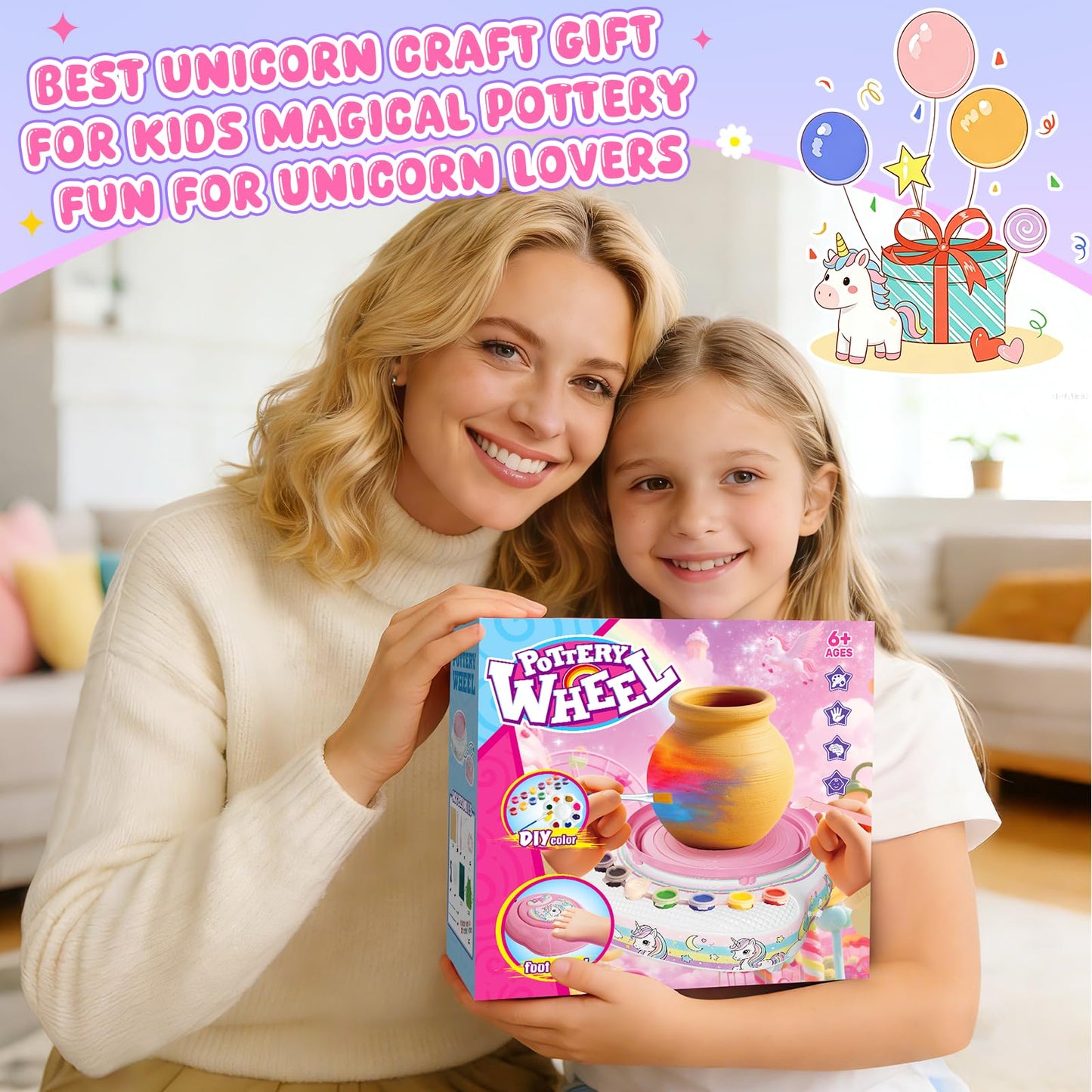 Pottery Wheel for Kids Complete DIY Pottery Painting Kit, Arts and Crafts for Kids Ages 8-12 with 3 Air-Dry Clay Packs and Tools, Unicorn Art Supplies Toys Birthday Gift for Boys Girls 6+ Years Old
