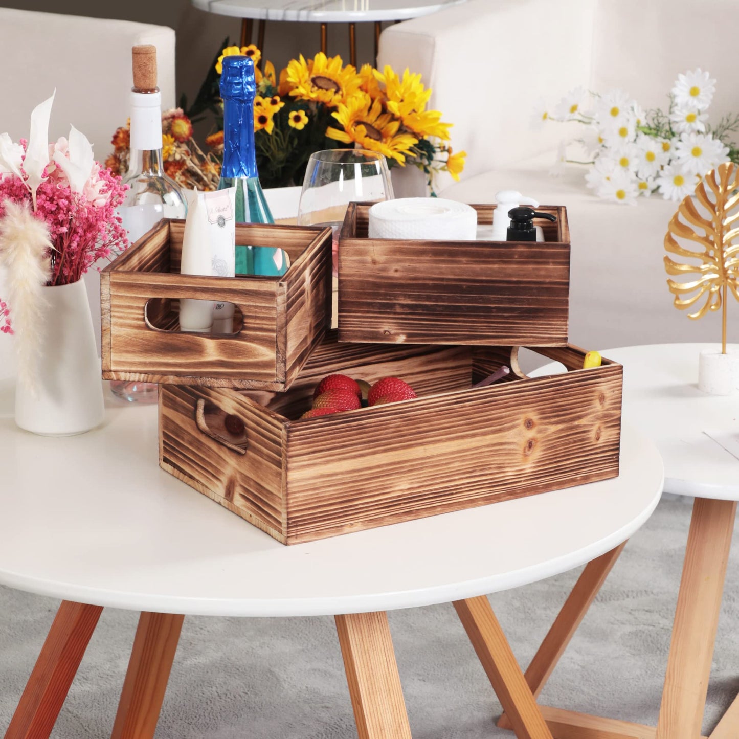 PHOENANCEE Wooden Crate Stackable Decorative Wood Crates set of 3 for Storage Display Rustic Nesting Box Basket Home Decoration Boxes Container Bin with Handles Farmhouse Decor,Solid Pine,L+M+S