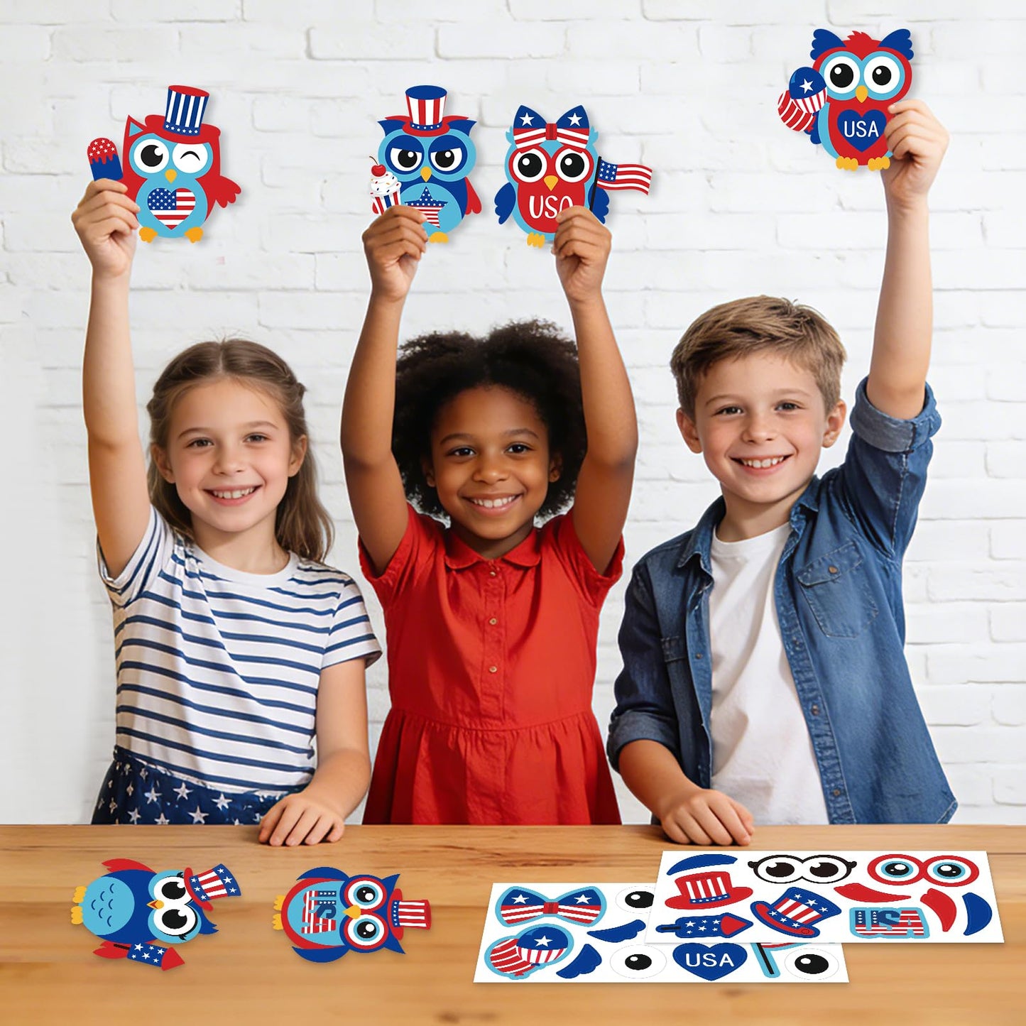PAIVSUN 24Pcs 4th of July Crafts for Kids, DIY Owl Stickers Crafts Kit, Make Your Own Patriotic Arts Activity, Memorial Independence Day Decorations Gifts for Classroom Home Party Supplies