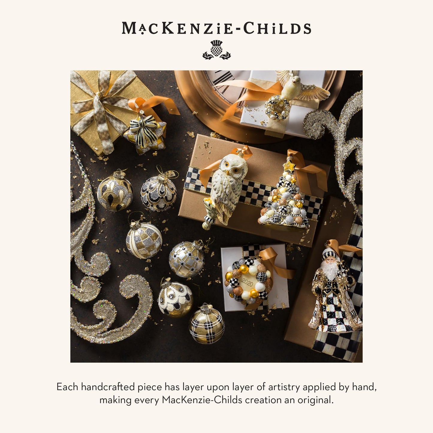 MACKENZIE-CHILDS Set of 6 Glass Ball Ornaments, Christmas Tree Decorations Set for Indoor Holiday Arrangements, Golden Hour