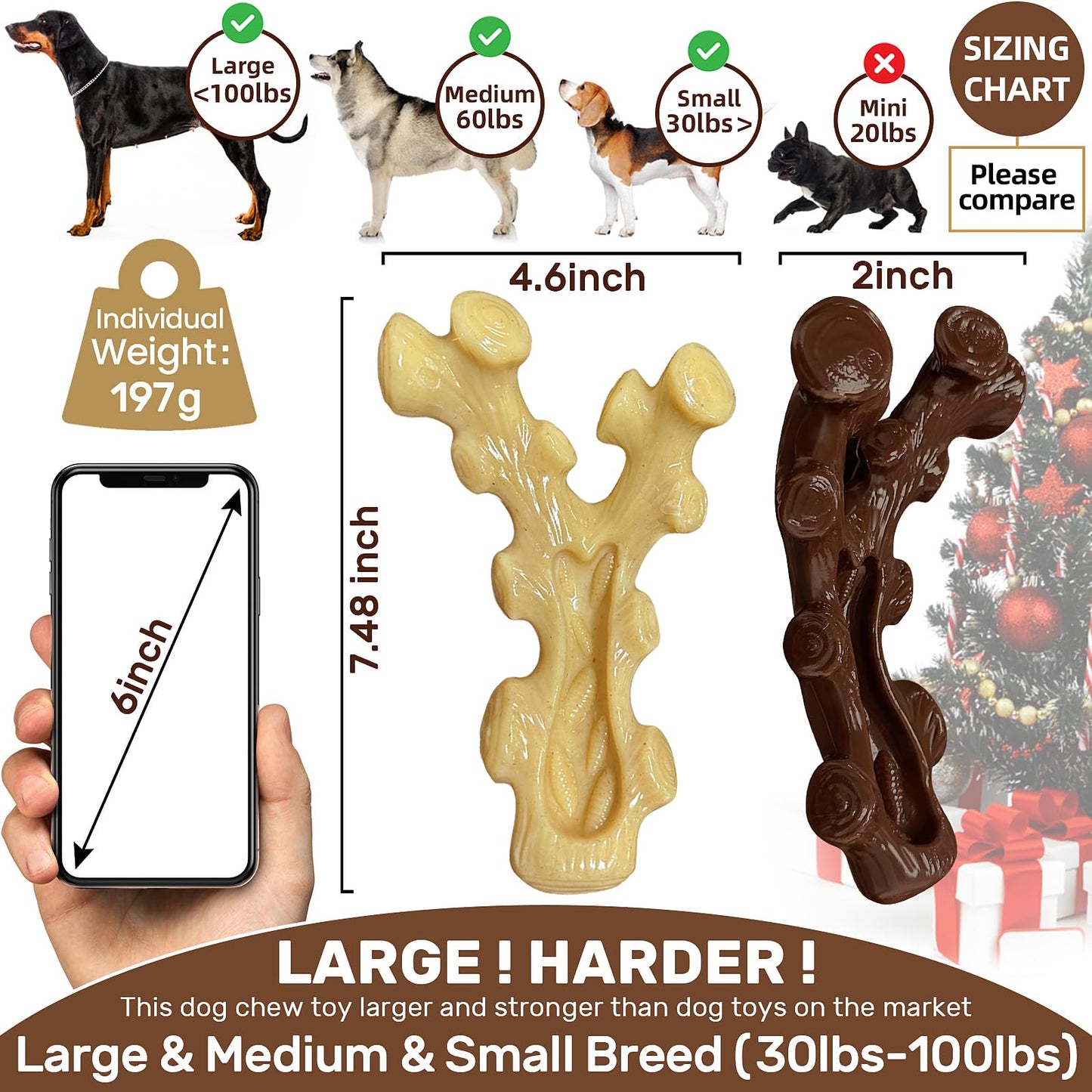 SIHRMIU 2 Pack Dog Chew Toys for Aggressive Chewers,Boredom and Stimulating Best Dog Toys for Medium/Large Breed,Tough Almost Indestructible Dog Bones for Teeth Cleaning and Training