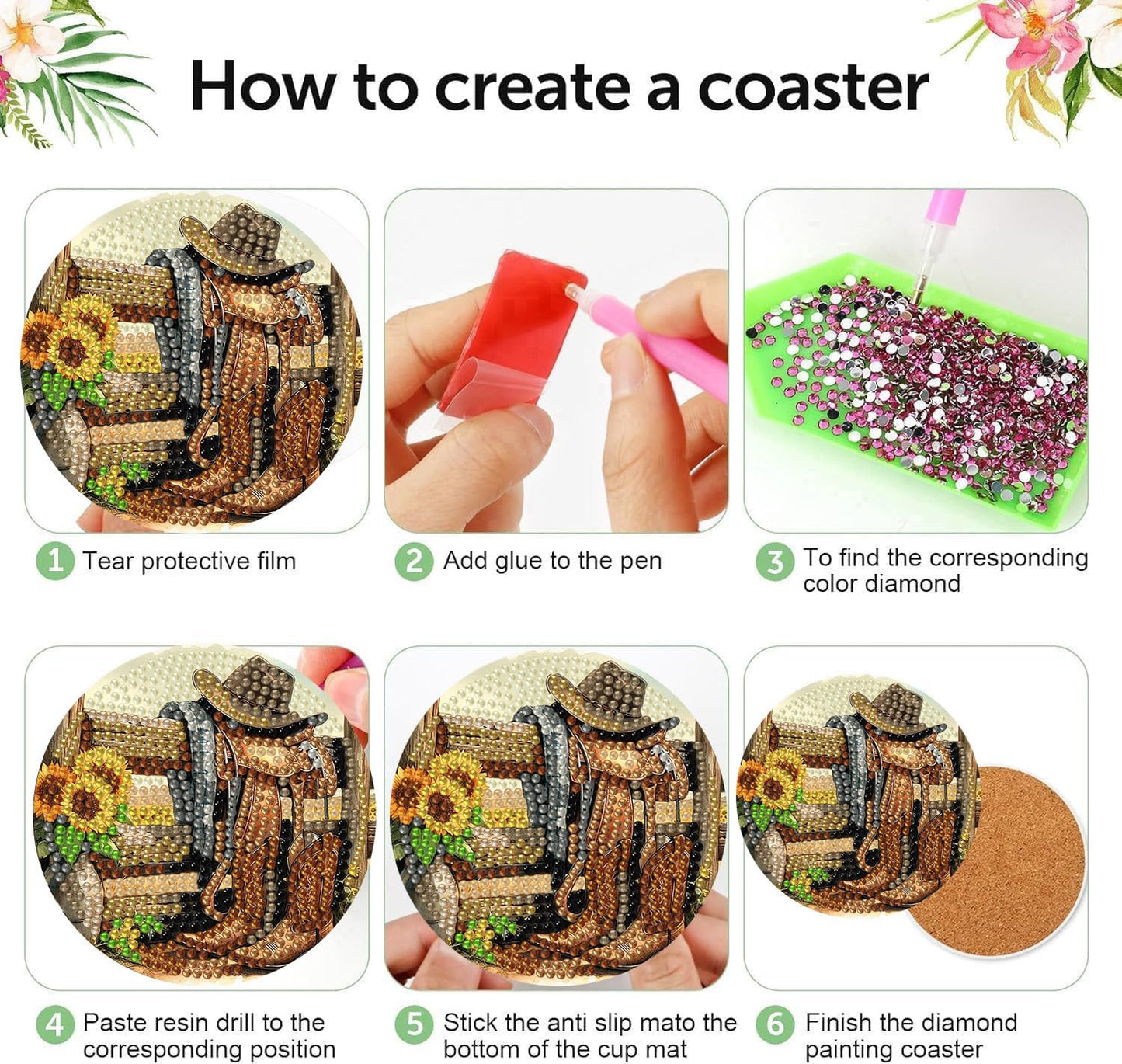 8 Pcs Diamond Art Coasters Kit for Adults, Cowboy Boots Flowers Diamond Painting Coasters with Holder Cork Pads, DIY Diamond Art Non Slip Coaster Crafts Kits for Adults Beginners Gifts