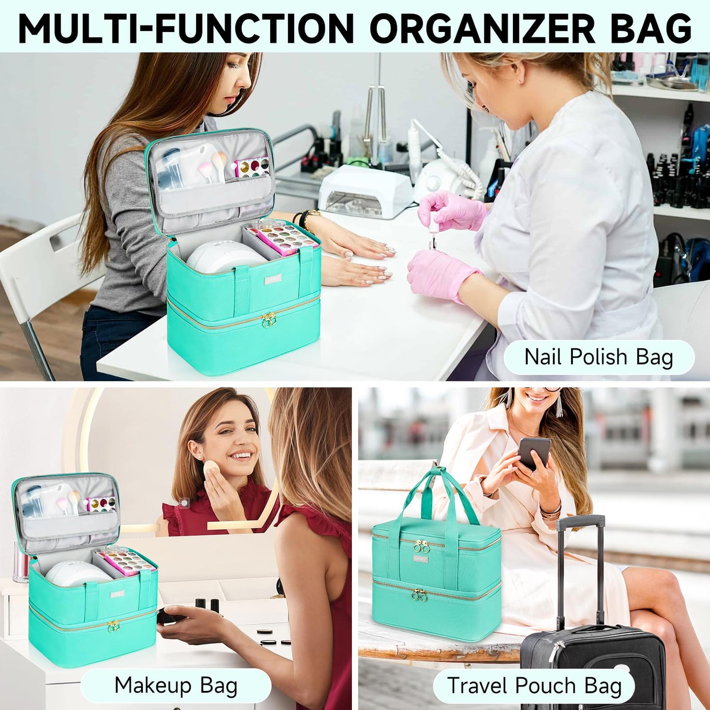 LEFOR·Z Nail Polish Organizer,Double-Layer Nail Organizers and Storage,Nail Polish Carrying Case for 40 Bottles (15ml-0.5 fl.oz) and Nail Lamp,Portable Nail Polish Holder for Nail Supplies,Mint Green