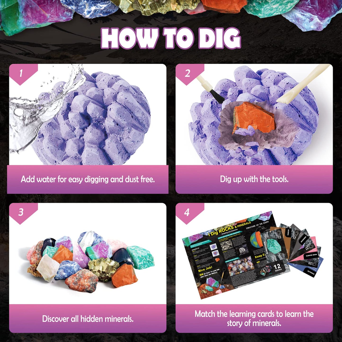 Gamerside Mineral Mining Kit Gem Dig Kit,Rock Dig Kit Dig up 12 Rock & Mineral Collection Gemstones & Crystals Diamond Mining Kit for Kids Gemology Mining Gift Rocks Minerals for Boys Girls