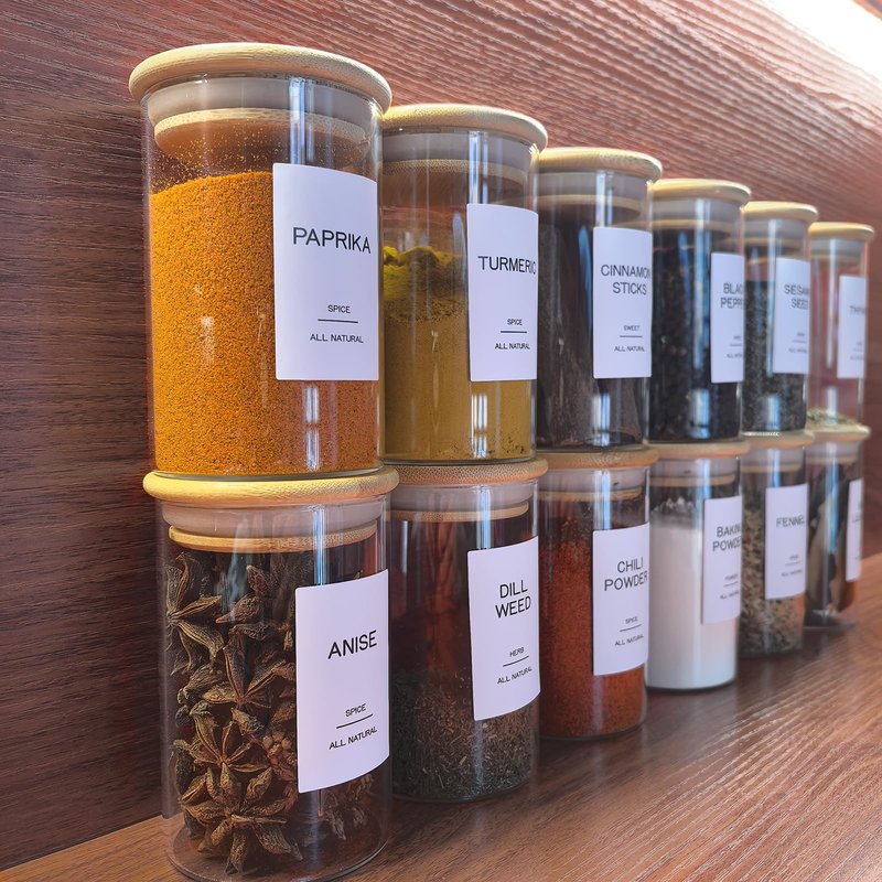 Kuocodall 12 Pcs Glass Spice Jars with Bamboo Airtight Lids & 201 Labels - 8oz Small Empty Food Storage Containers for Kitchen, Seasonings, Herbs, Salt
