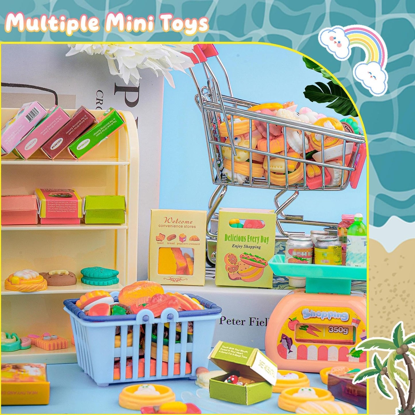 196Pcs Mini Shopping Cart Basket Trolley Grocery Game Model Miniature Drink Bottle Food Pizza with Box Supermarket Metal Handcart Toy Doll House Store Cosplay Pretend Kitchen Shelf Cash Register