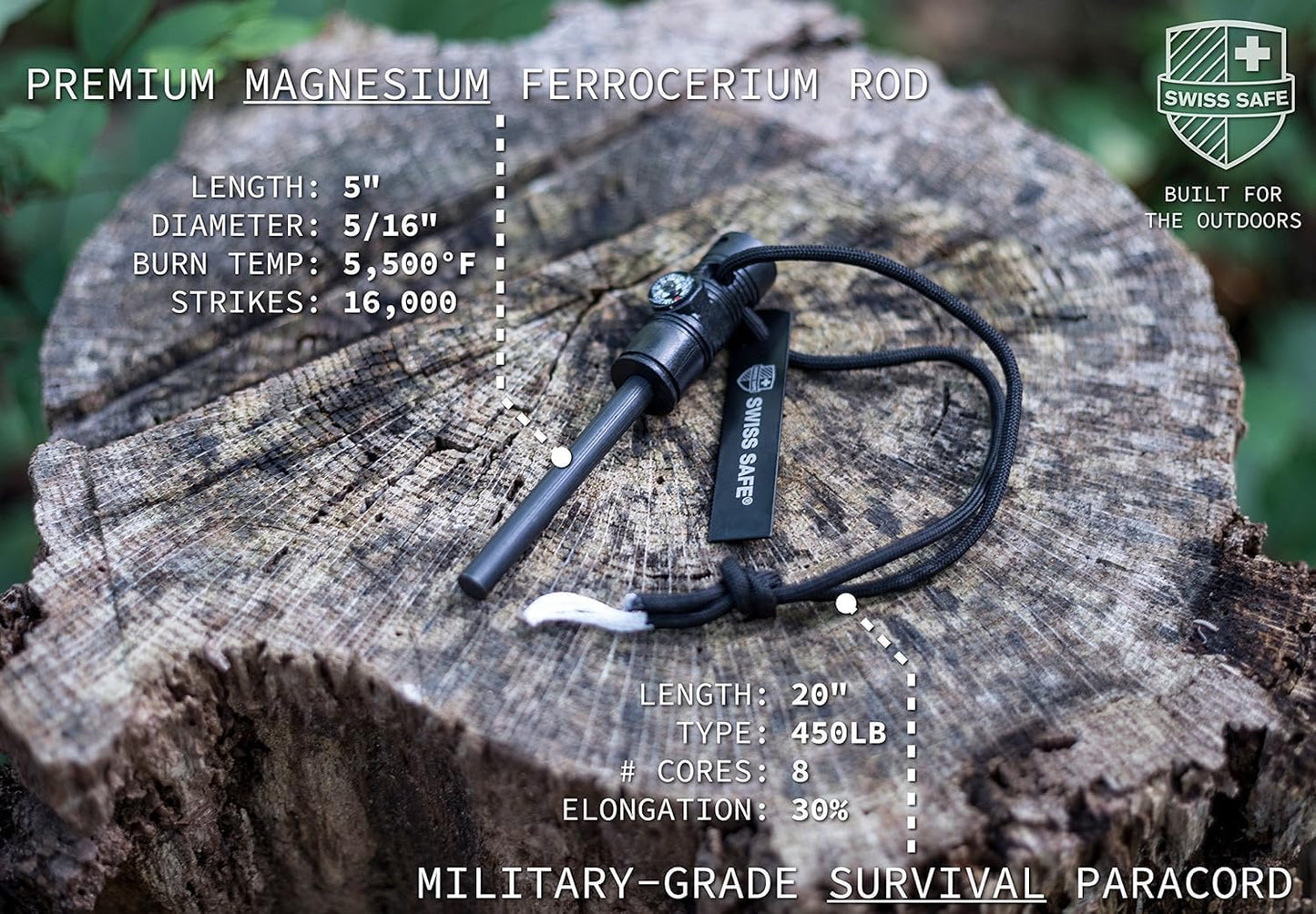 Swiss Safe 5-in-1 Magnesium Ferro Rod Fire Starter Survival Tool - Flint & Steel Striker, Compass, Paracord & Whistle - Emergency Kit for Backpacking, Camping, Hiking - All-Weather - Black, 1-Pack