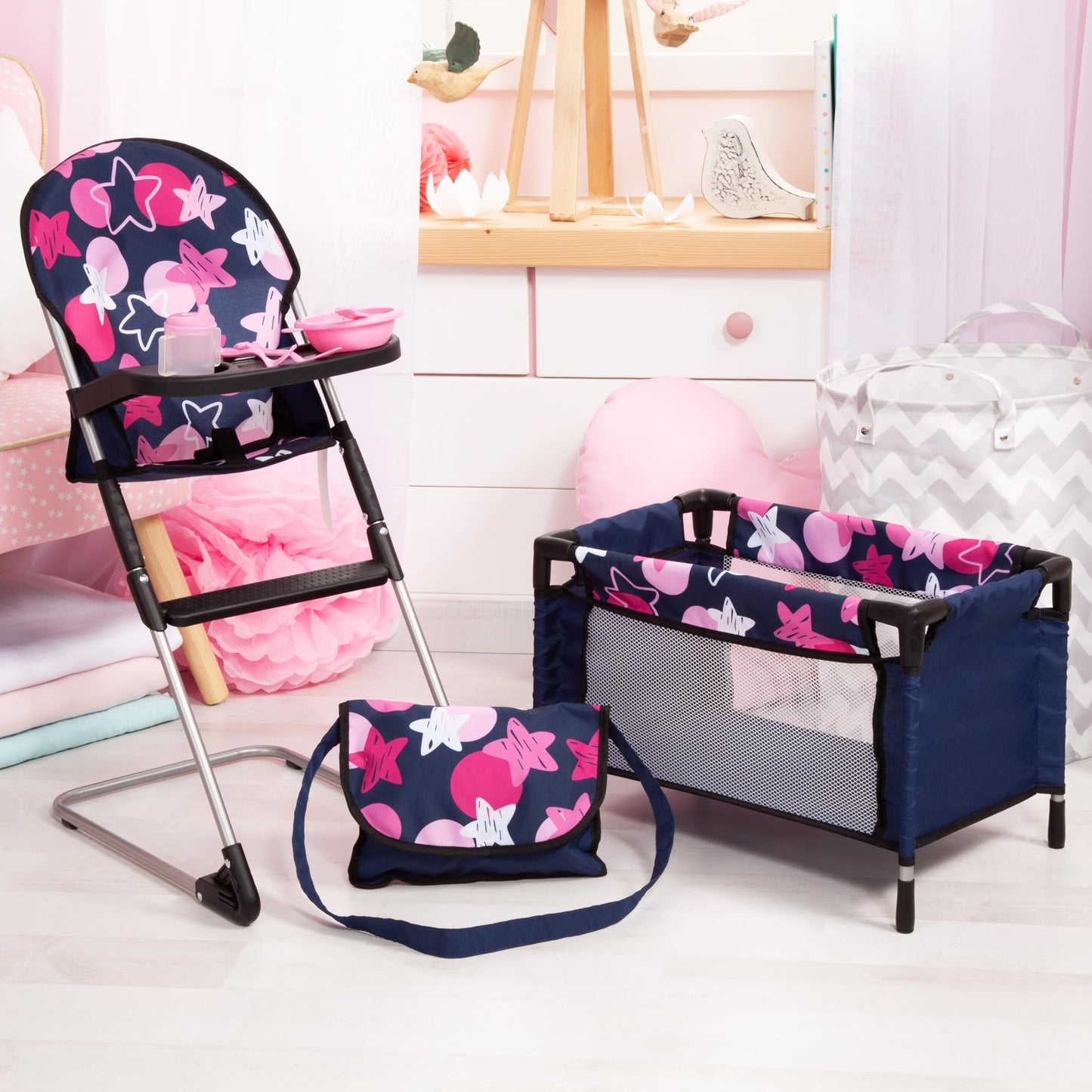 Bayer Real Life Baby Doll Accessories - 9-in-1 Furniture Set with Highchair, Travel Bed, Dining Set