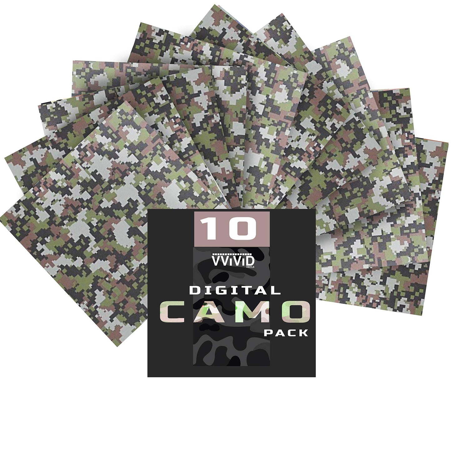 VViViD Camouflage Self-Adhesive Craft Vinyl 12 Inches x 12 Inches Sheet 10-Pack Bundle (Digital Camouflage)