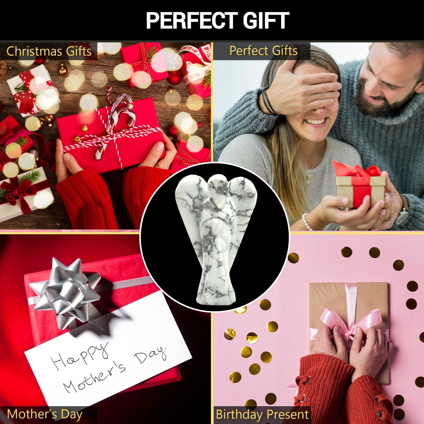 ANAYA AGATE Howlite Angel Statue 2" Certified Gemstone Guardian Angel Natural Crystal Hand-Carved Angel Charms for Calmness, Awareness, Peace, Self-Control & Positive Energy Crystal Figurines Decor