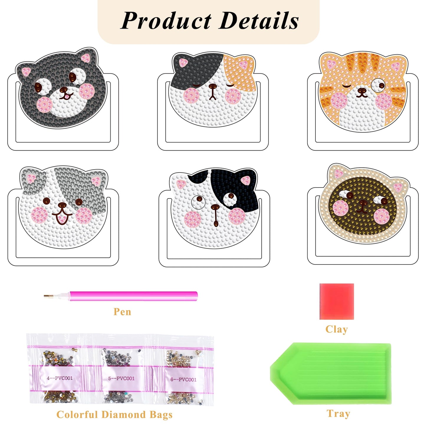 Vcekract 6 Pcs Diamond Painting Bookmarks, DIY Diamond Art Kits for Adults, Cat Bookmark Craft Supplies Kits for Book Lovers