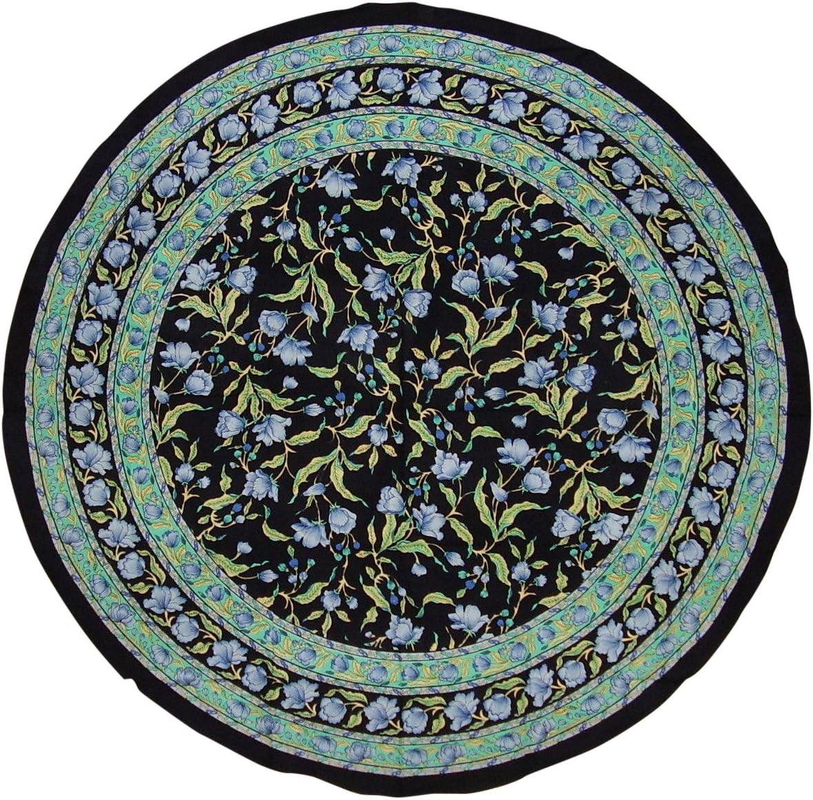 India Arts French Floral Round Cotton Tablecloth, 70" Blue on Black