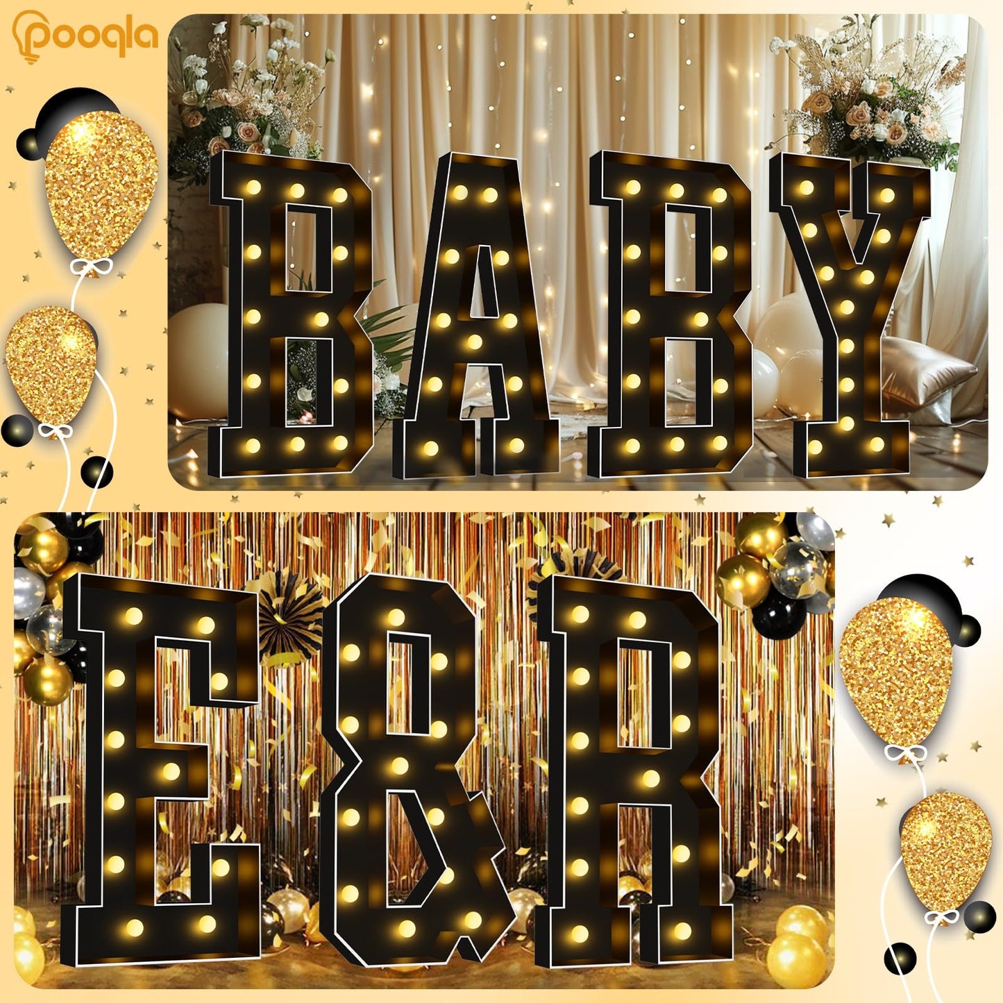 Pooqla 4 FT Marquee Light Up Letters, Black Letter Lights 4 Feet Tall, Giant Sign Big Mosaic for Balloons Birthday Party Anniversary Wedding Decorations, Warm White J