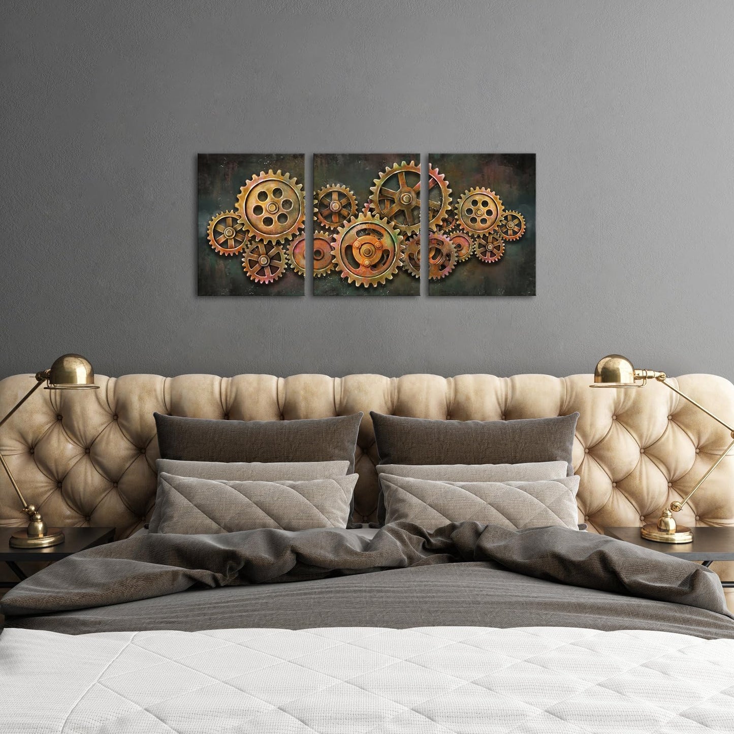 iHAPPYWALL 3 Pieces Abstract Gear Wheel Canvas Wall Art Industrial Steampunk Mechanical Picture Teamwork Gift for Bedroom Home Office Cafe Bar Decor Ready to Hang 16x12inchx3pcs