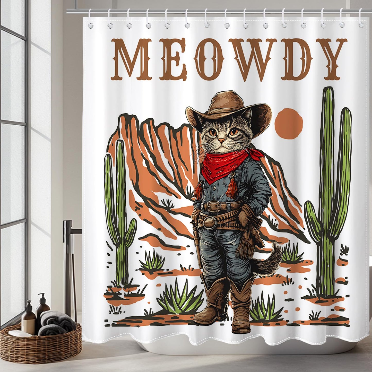 Mocsicka Funny Cowboy Cat Shower Curtain Vintage Fun Western Shower Curtain for Bathroom Waterproof Fabric Bath Curtain for Funny Bathroom Deocr 72 X 72 Inch
