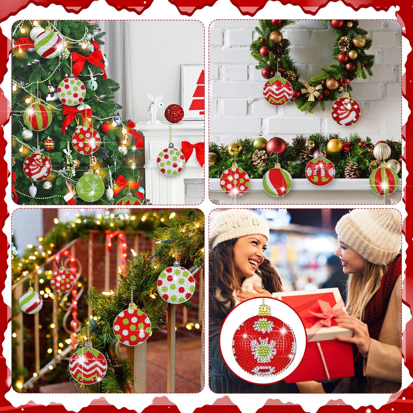 Cunno 18 Pcs Christmas Diamond Art Ornaments Lime Green and Red 5D Diamond Painting Kits Tree Decorations DIY Keychain Double Side Art Christmas Ornaments Xmas Hanging for Tree Adults Family Craft