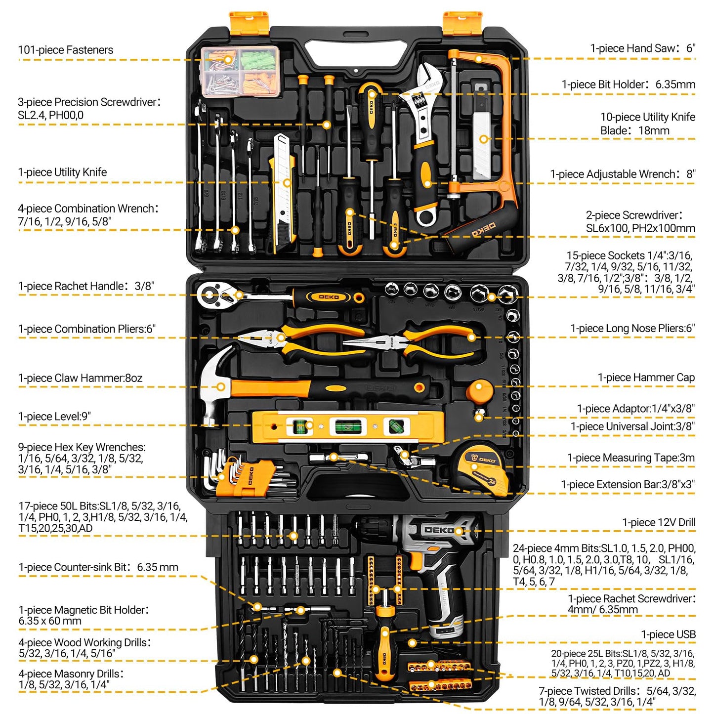 Tool Kit Box Drill Set:DEKOPRO Home Mechanic Toolbox with 12V Power Cordless Drill Hand Repair Tools Sets Combo Kits Storage Organizer Drawer Case for Men