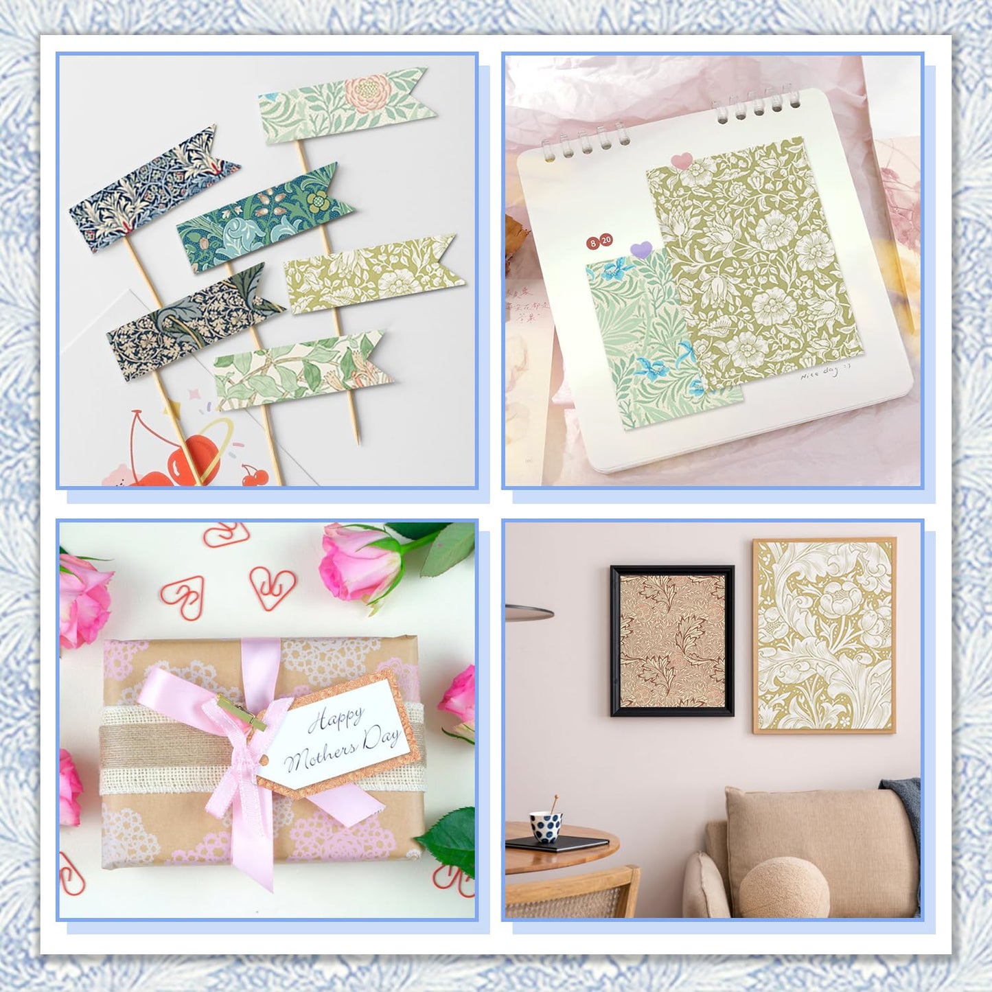 24 Sheets Scrapbook Paper 12" Double-Sided Photo Backdrop Bohemian Patterned (Floral Design J)