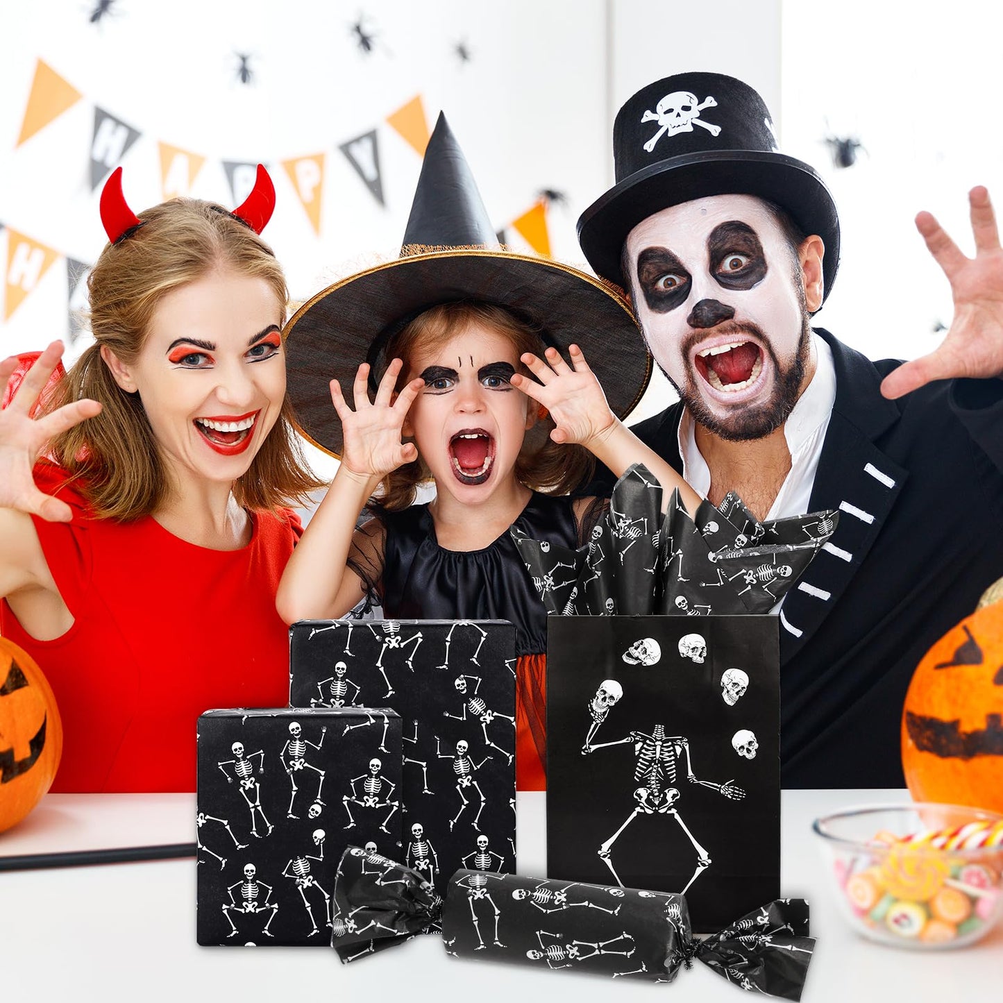 Whaline 100 Sheets Halloween Tissue Paper Dancing Skeleton Gift Wrapping Paper Black White DIY Art Craft Paper for Halloween Birthday Holiday Party Supplies, 13.7 x 19.6 Inch