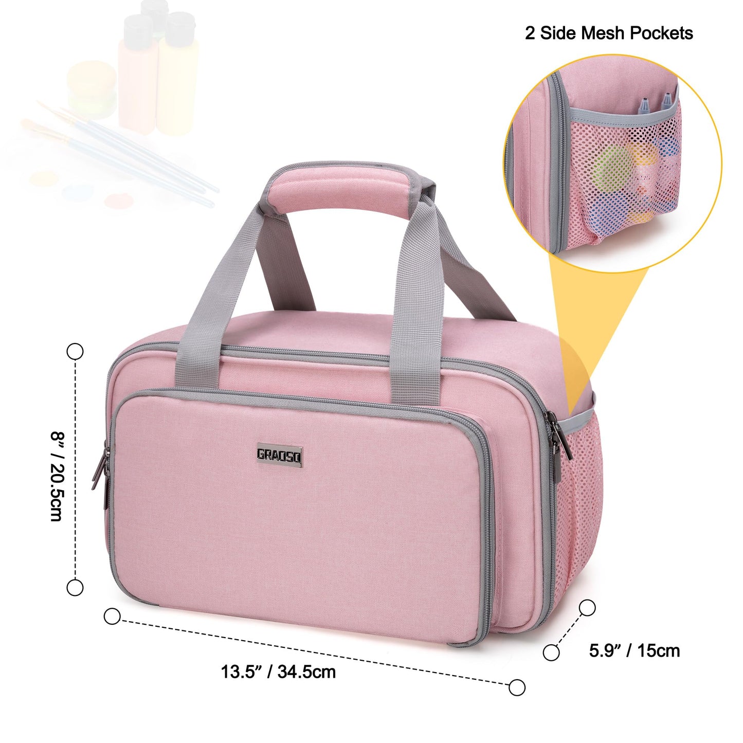 Acrylic Paint Organizer Bag for up to 54 Bottles (2 oz), Art Supply Storage Case with Handle Strap, Extra Pocket for Paint Brushes, etc, Aluminum Foil Liner for Easy Cleaning, Patented Design (Pink)