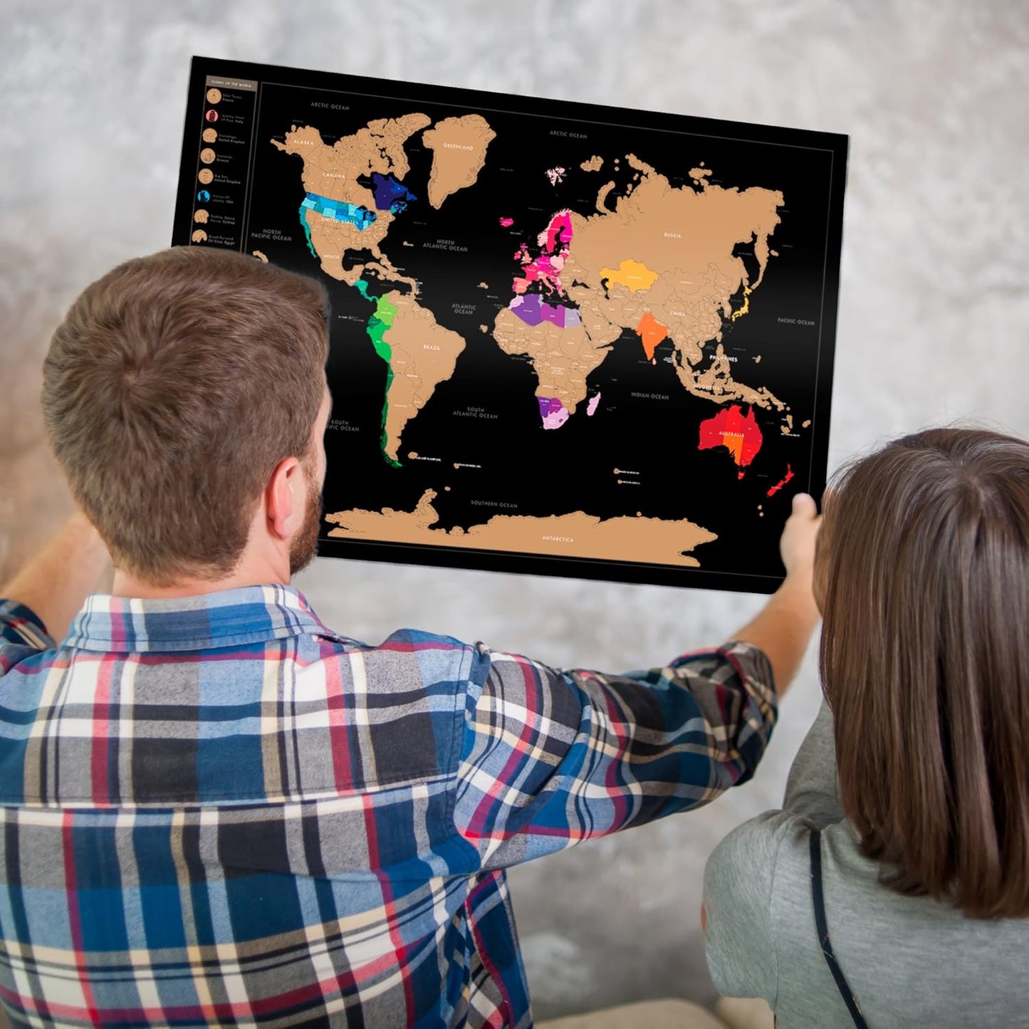 Scratch-Off World Map with US States, Track Travel Routes, Landmarks, Wonders - Laminated Large Poster (24"x36").
