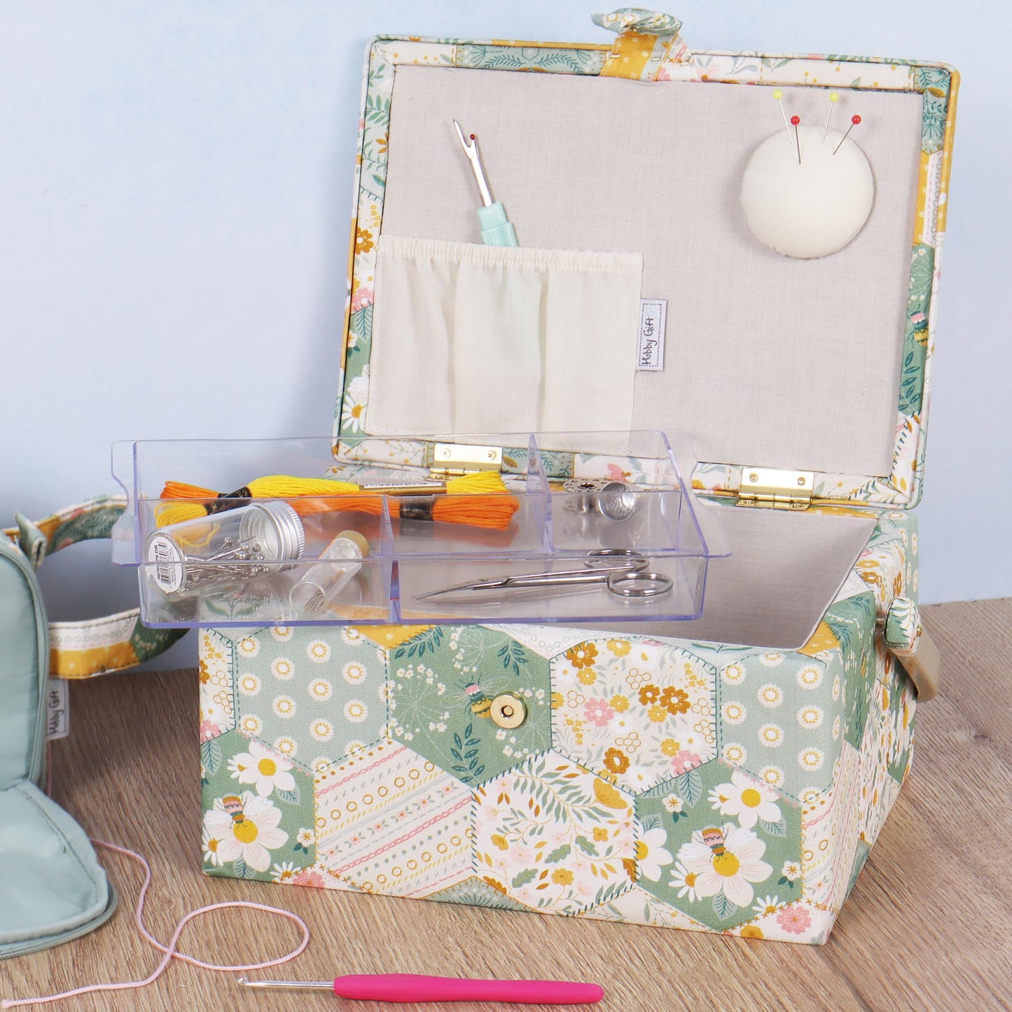 Hobby Gift Medium Sewing Box Organiser, Fabric Covered Storage Box with Handle, Internal Tray, Pin Cushion and Pocket for Sewing, Quilting and Knitting Supplies
